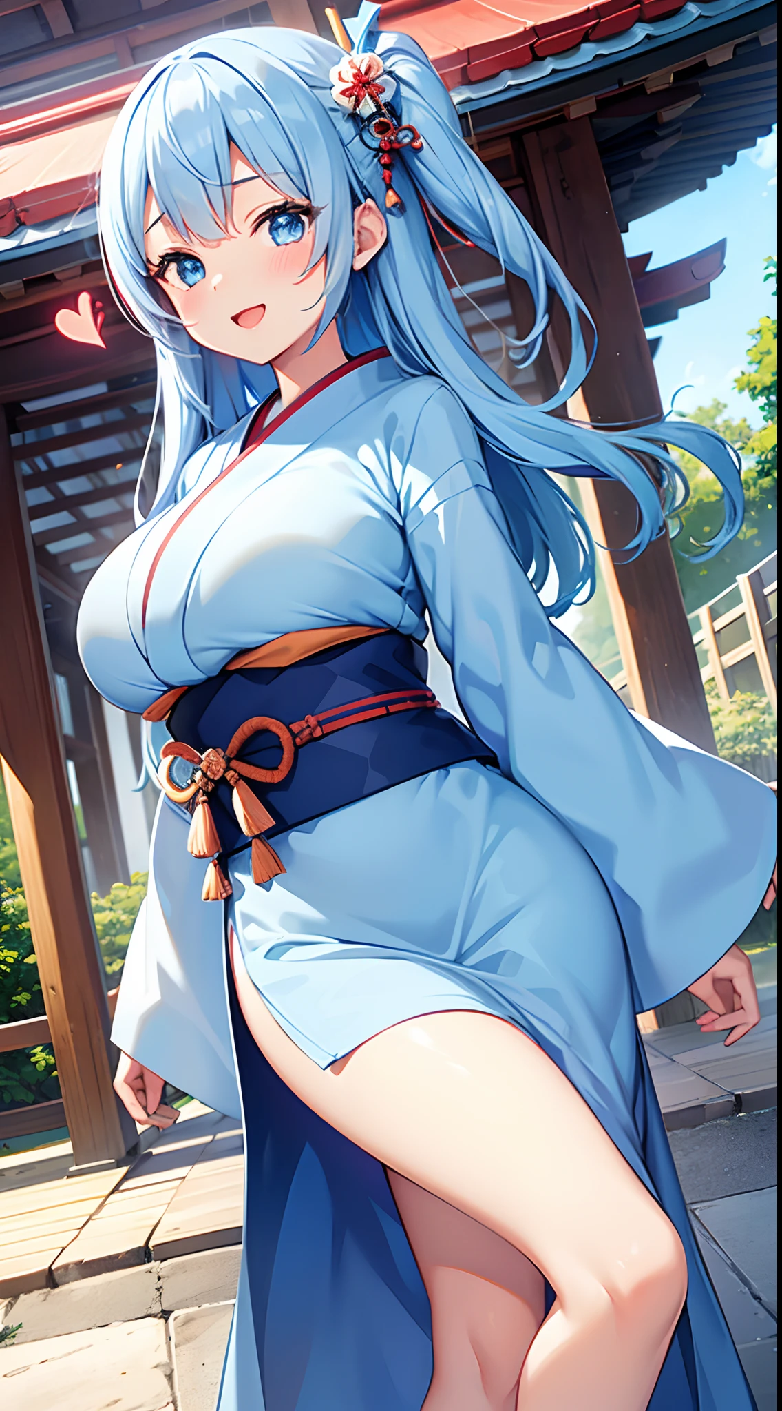 8k, RAW photo, best quality, masterpiece:1.2, beautiful, extremely detailed face, perfect lighting,
astaroth, solo, aqua eyes, blush, smile,
black hair, long hair, straight hair, huge breasts, open clothes, breasts out, nsfw, blue hair tubes, white kimono, japanese clothes, collarbone,  obi, blue highleg, highleg, cameltoe, white thighhighs, 
outdoors, 
