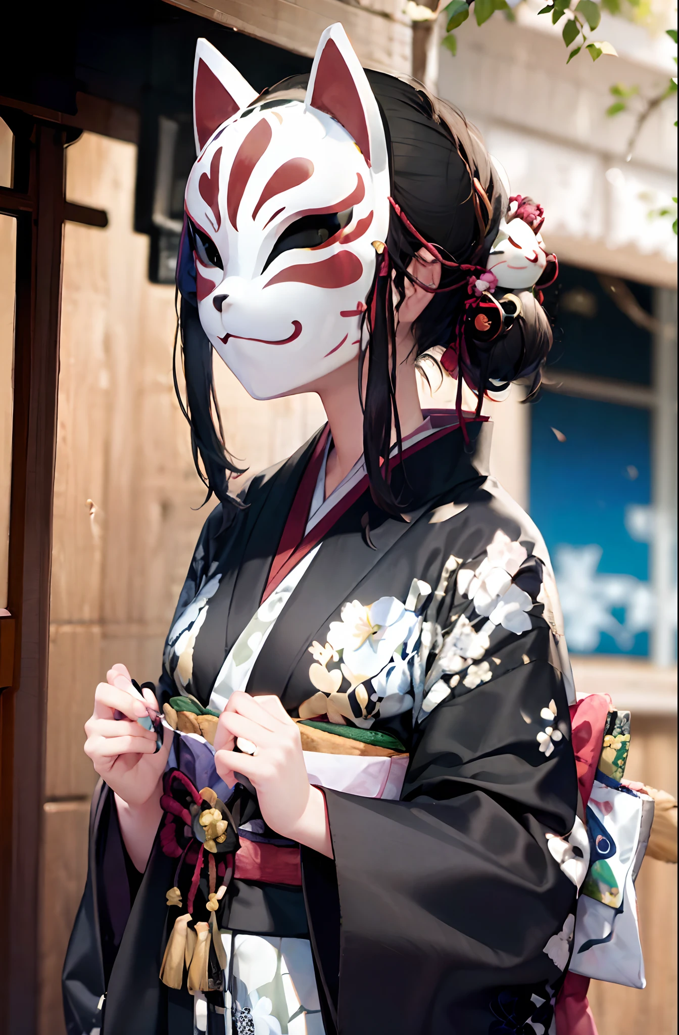 ((wearing Yaokai mask on face)), kitsune, 1girl, ((8k)), ((high resolution))