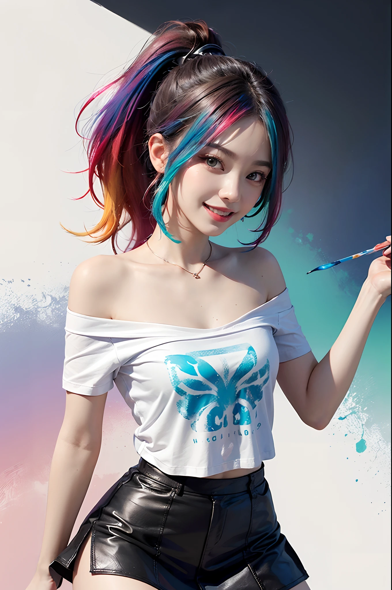 (solid background with vivid colored acrylic paint splashes:1.3), 1girl, (hair dyed with multiple colors:1.4), (ponytail hair), (small fresh, wipe chest), (white off-shoulder fashion T-shirt, leather mini skirt), (), (Highest Image Quality, Masterpiece), (lovely smile, excited), (sometimes hold a cat in her arms:0.6), dynamic pose