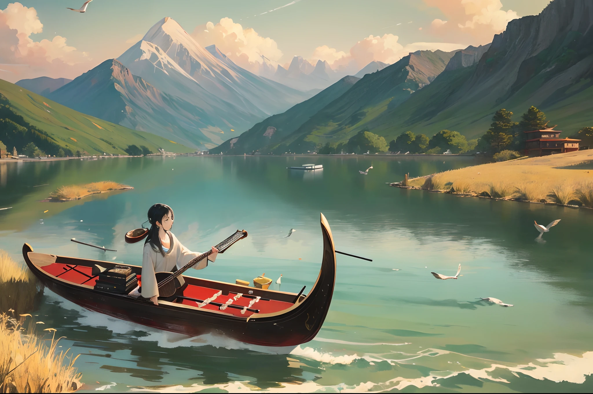 Chinese,Classical Dunhuang colors,zither,erhu,Flute,The guqin flies among the mountains,The smoke is ethereal,The water waves are not alarmed,There is a lonely boat sailing on the lake,Cranes flock,Hand painted ink smudge