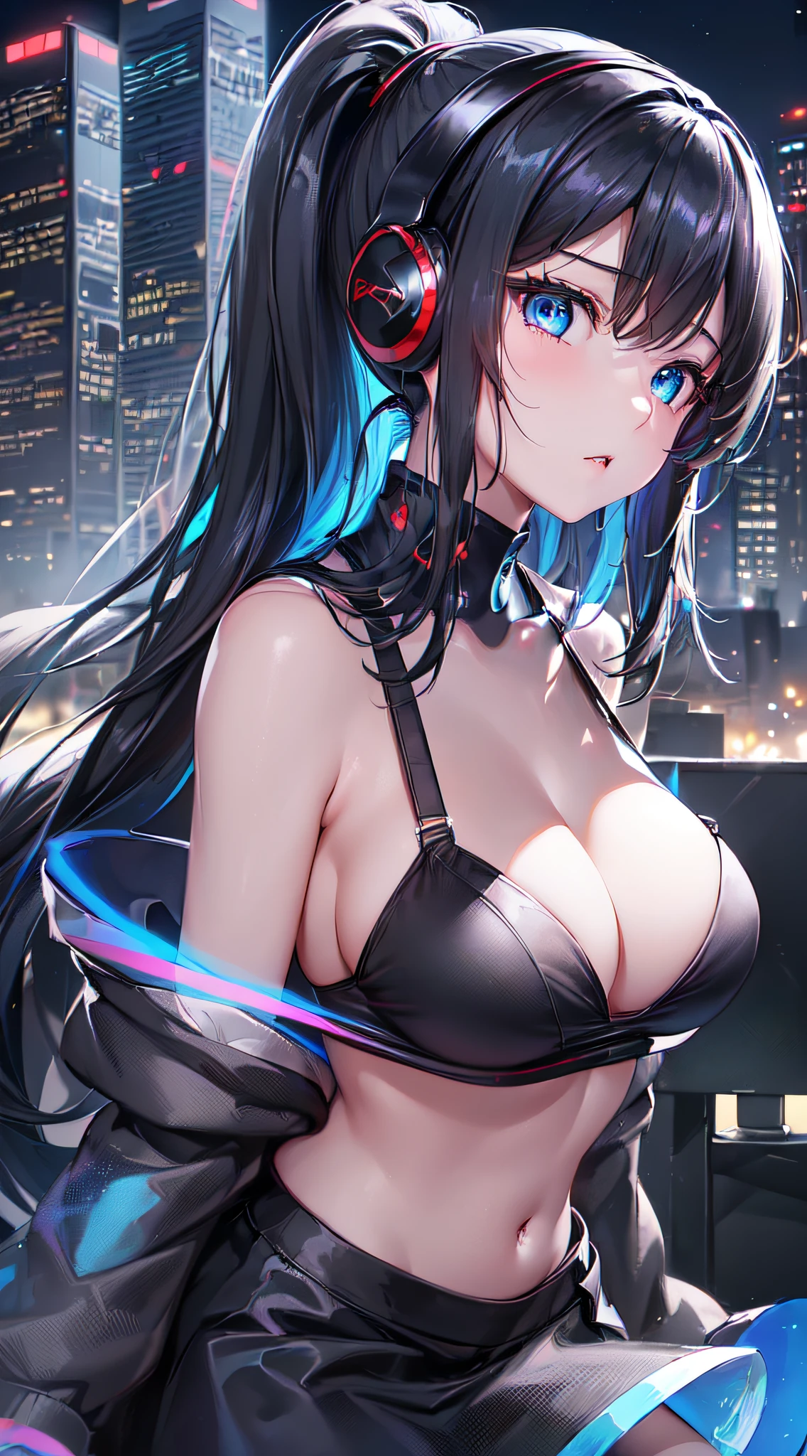 top-quality、Top image quality、​masterpiece、girl with((18year old、Best Bust、big bast,Beautiful blue eyes、Breasts wide open, Blue ponytail、A slender、Large valleys、Reflecting the whole body、Red face、Shining eyes、Headphones on the head,Black hoodie、Black short skirt、head phone、Have a smartphone、Fly the drone、Black bra)）hiquality、Beautiful Art、Background with((A city that shines at night、Downtown、Giant monitor、Multiple Laser Points、People who go々)))、,masutepiece、visualart、depth of fields、