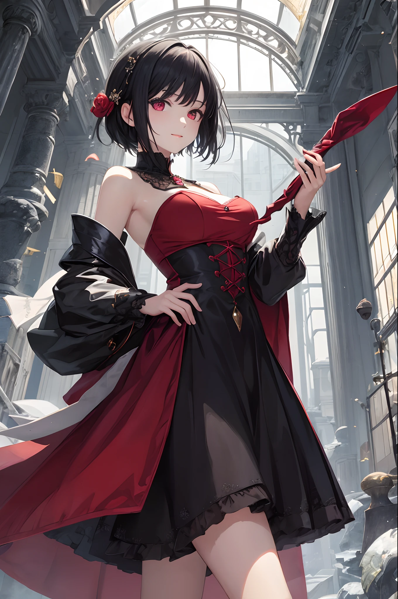 masterpiece、top-quality、超A high resolution、2D Beautiful Girl、animesque、s girl、greyt hair、short-haired、Dragon-like figure、Beautiful red eyes、The clothes are also depicted in detail、Eyes are depicted in detail、The face is depicted in detail、sorcerer、soio、Gentle smile、hair adornments、animesque、illustratio