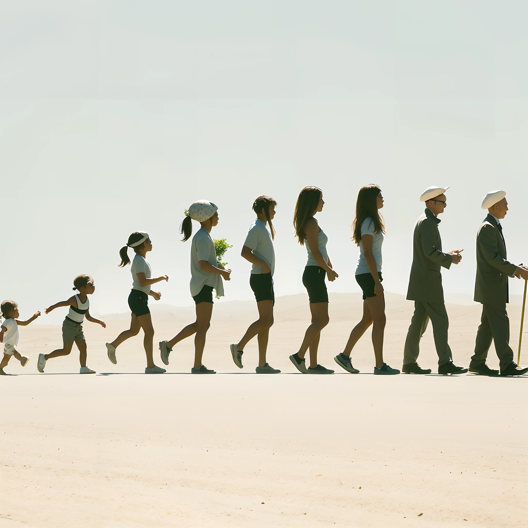 arafed image of a group of people walking in a line, human evolution, evolution, evolution of man, transhumanist evolution, speculative evolution, spiritual evolution, grown up, high evolution, aging, human silhouettes, by Kurt Roesch, the future ages, ancestors and future, old and young, silhouettes of people, walk cycle, future!!, (mushroom on head:1.2),
