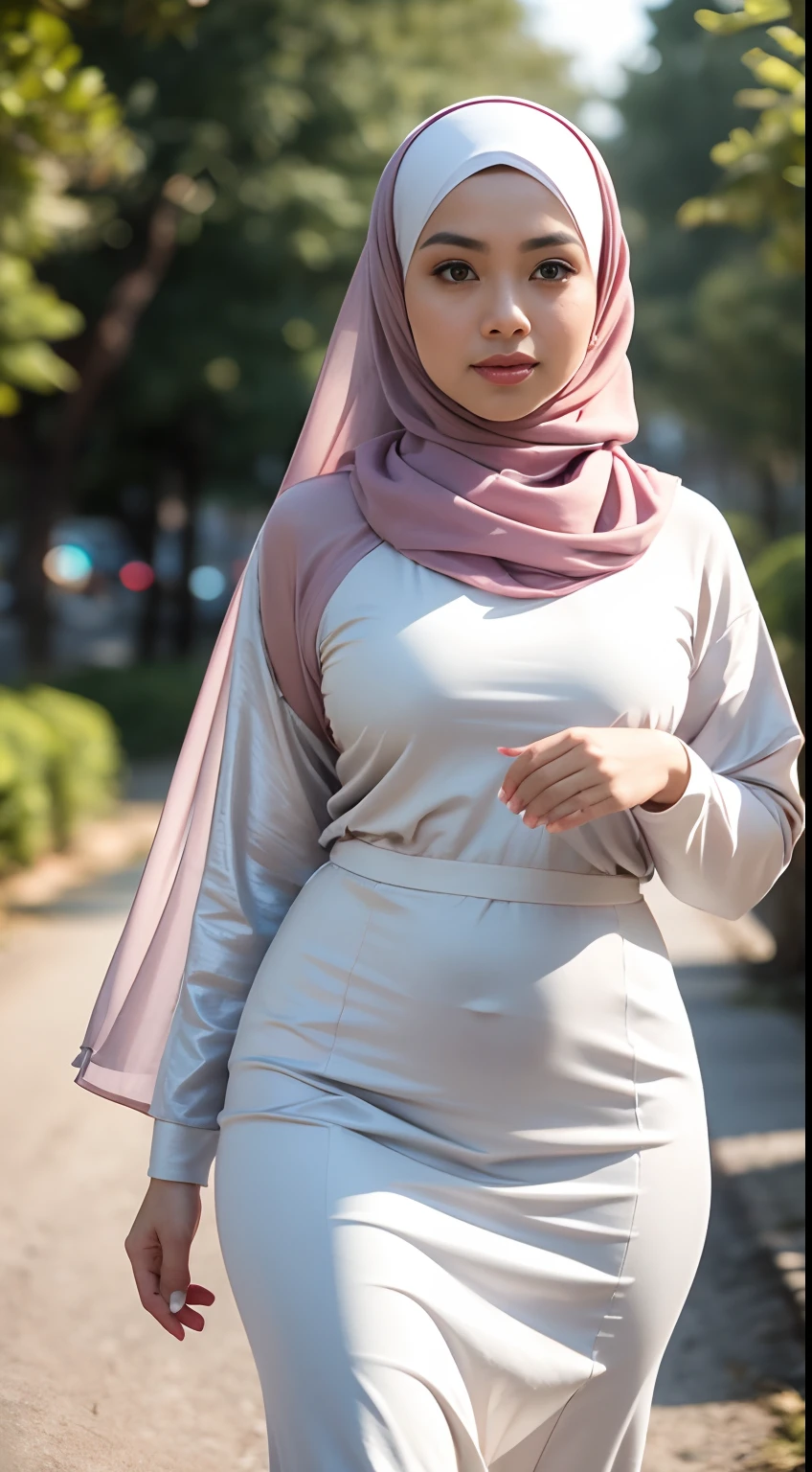 Matured malay women walking in the afternoon at the street, wearing hijab and baju kurung, smiling, matured, 40 years old,