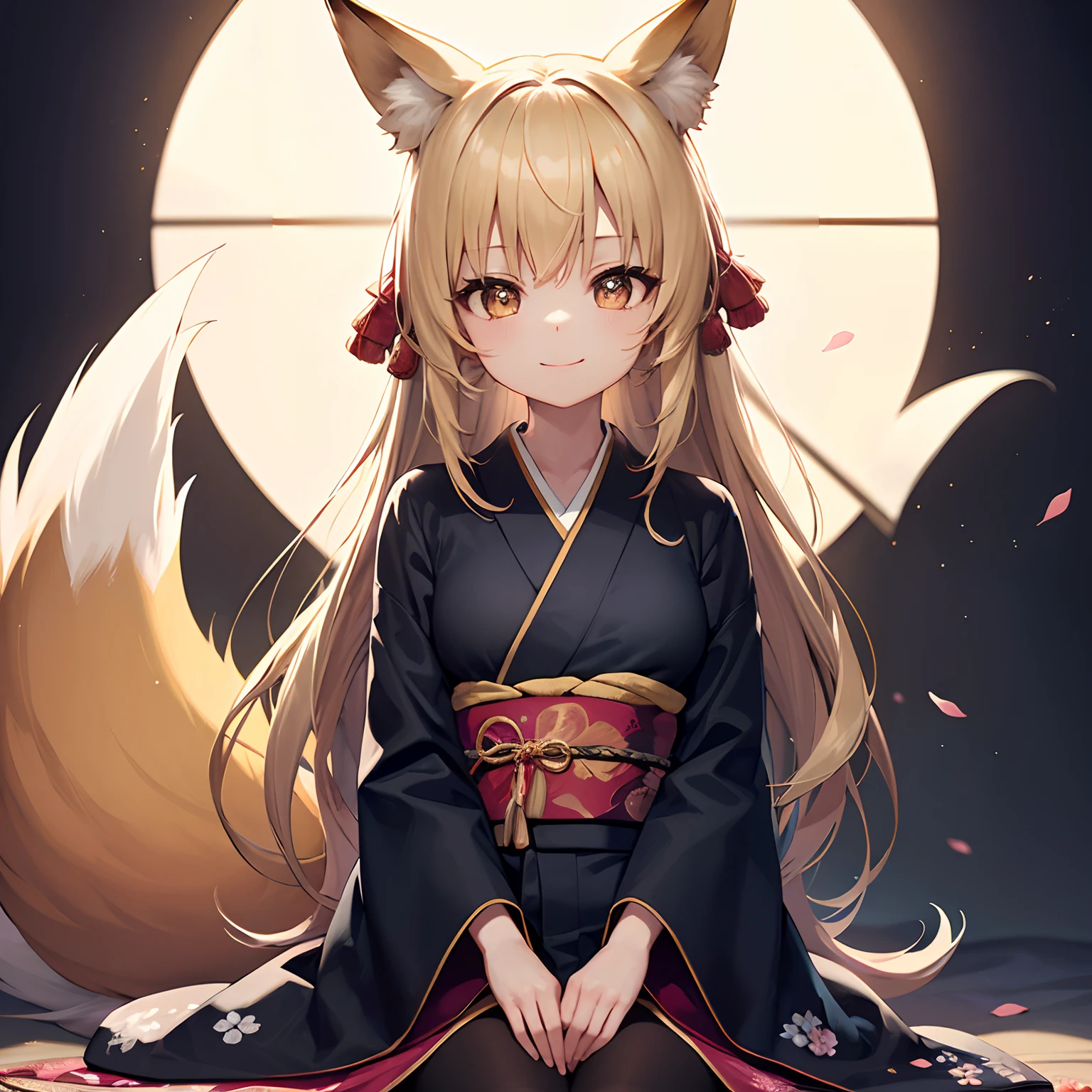 masutepiece,8K,ultra-detailliert,Illustration, Golden Fox、Lots of Tails、Golden Eyes、length hair、Golden hair、a large amount of hair、(1 girl in,,chiquita),Traditional kimono,Black kimono,a lot of big fox tails、(Golden Eyes、Fox ears、length hair、Golden hair,Hair flowing in the wind),Beautiful face、a smile,a large amount of hair、Thick kimono、Black kimono、Plum floral pattern、Overlapping kimonos,kawaii,Black background