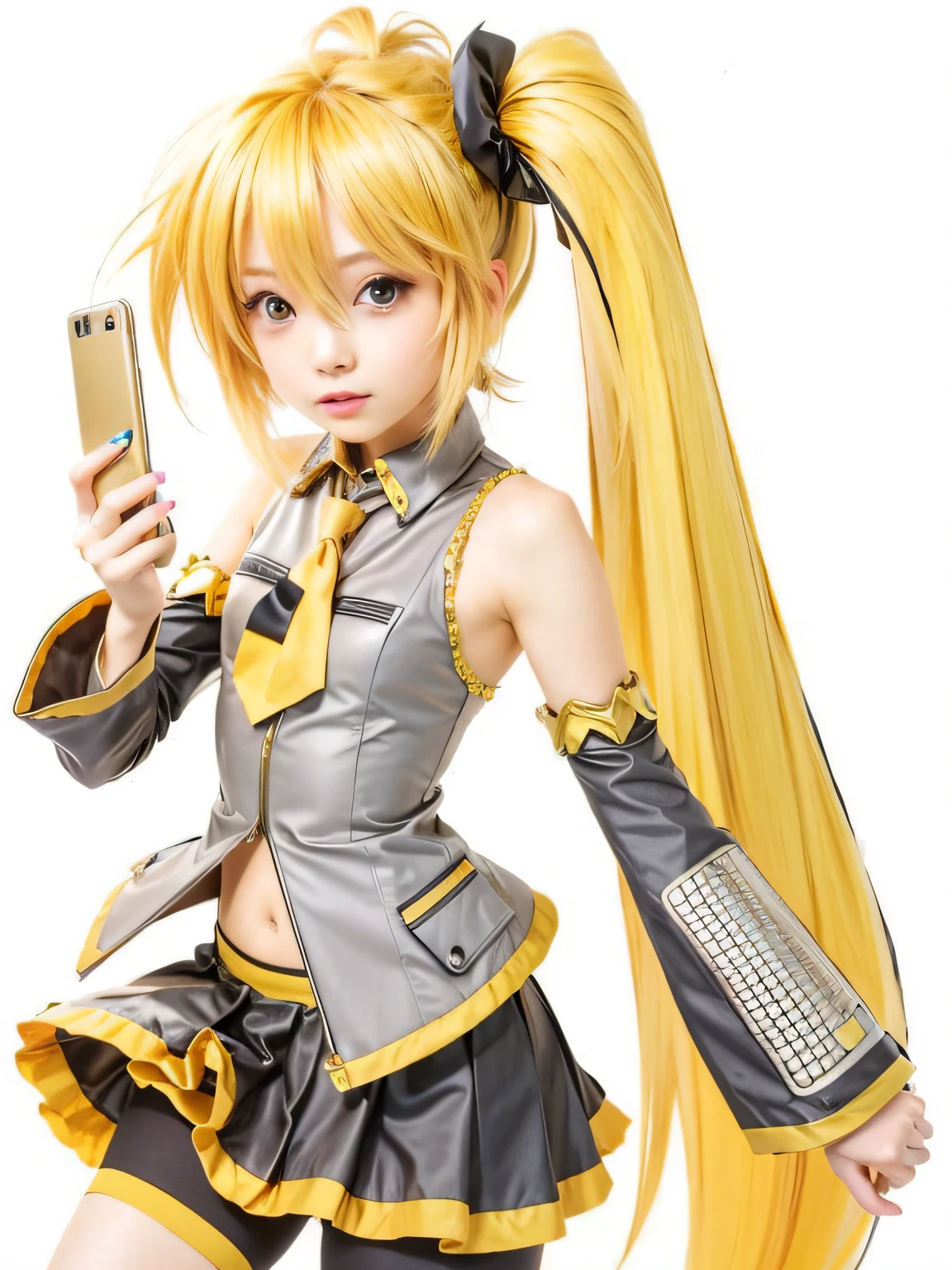 A woman in a short skirt holding a cell phone, vocaloid, Kagamine Rin, Anime manga robot!! Chica anime, cyber school girl, Chica de anime llamada Lucy, Estilo anime ecchi, Chica de anime del futuro, nanogirlv 2, estilo anime", android heroine, Estilo anime muy moderno, colas gemelas, colas gemelas blancas_Guantes, akita neru, golden eyes.