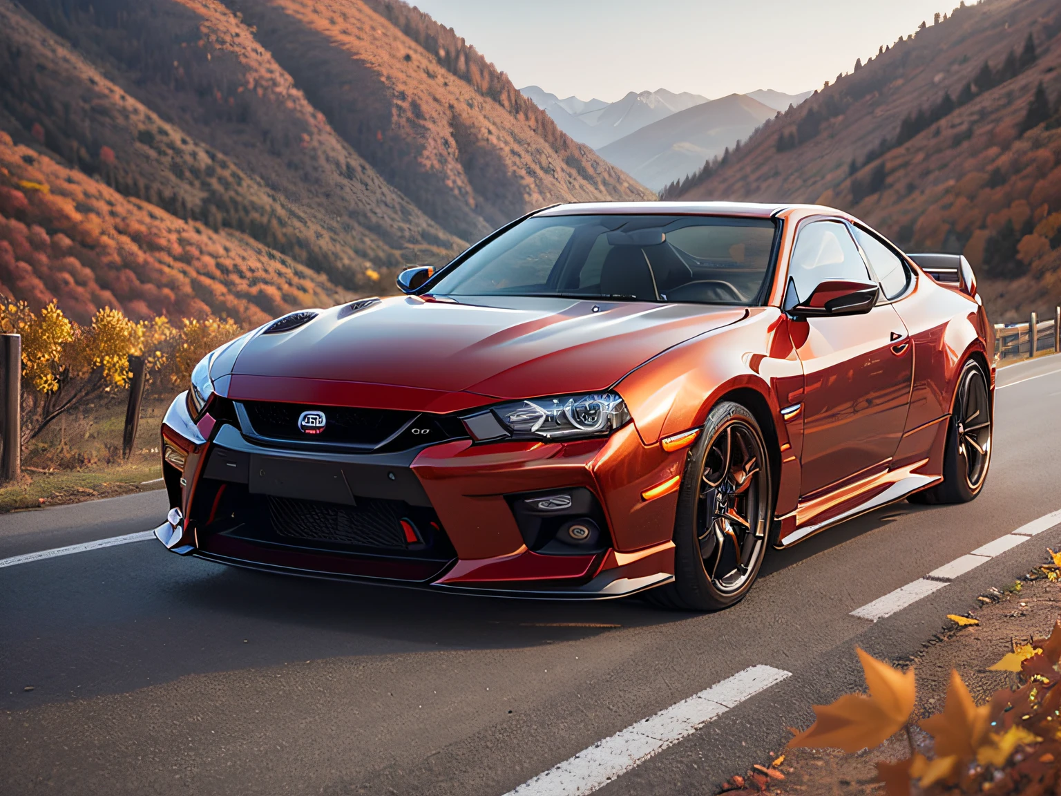 超A high resolution、An ultra-high picture quality、8K、Detailed details、marvelous expression、Late autumn valley、Beautiful autumn leaves、A red car driving gracefully on a mountain pass built along the mountain、((Nissan Silvia S14))