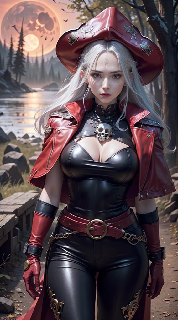 full body Esbian, of the highest quality, Intricate details , (Fine skin, Shiny skin, Shiny hair, pale complexion，Big breasts), 　Red sky,　Red Moon， in woods, ((Skull mark)), ambitious, Seductive Woman, Gray hair, Long hair, Hair fluttering in the wind, Skull mask on half of the face, Detailed tattoos, Red leather clothes, Red sleeveless clothes, Red Leather Coat, Leather gloves, Solid Gold Bracelet, leather pant, Red pants, Red Pirate Hats , Hat with skull marker, (Leather Belt), Look far away