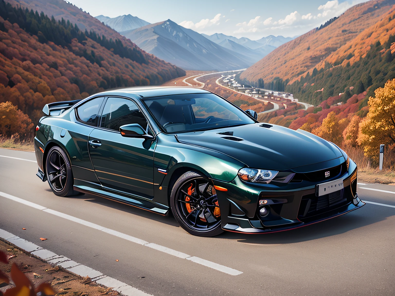 超A high resolution、An ultra-high picture quality、8K、Detailed details、marvelous expression、Late autumn valley、Beautiful autumn leaves、A red car driving gracefully on a mountain pass built along the mountain、((Nissan Silvia S14))