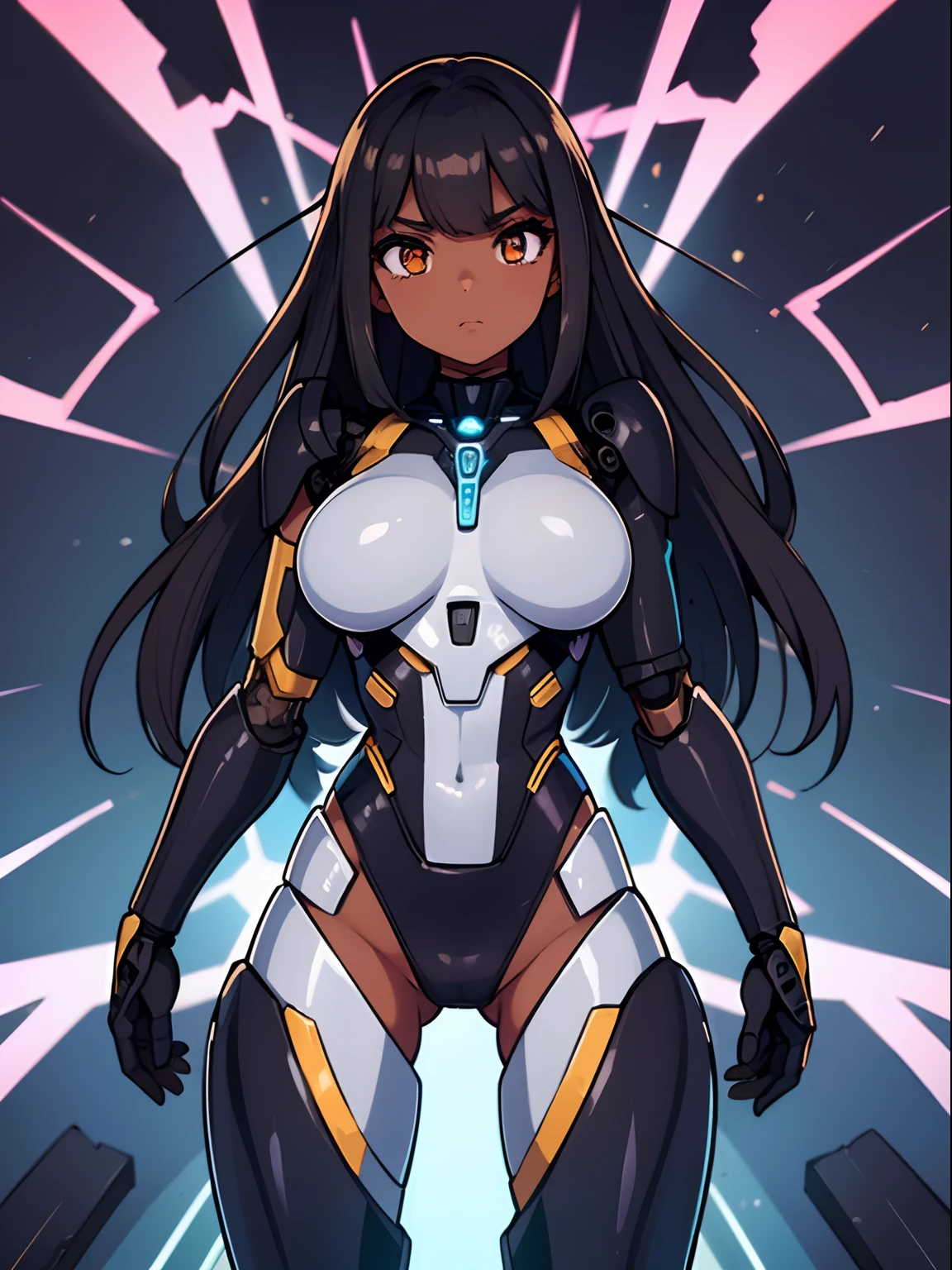 (melhor qualidade, obra-prima), 1girl, (black skin), (android), technological armor, feliz, corada, rechonchuda, fofa, emphasis on breasts, pose sexy, coxas,(cyborg girl)
