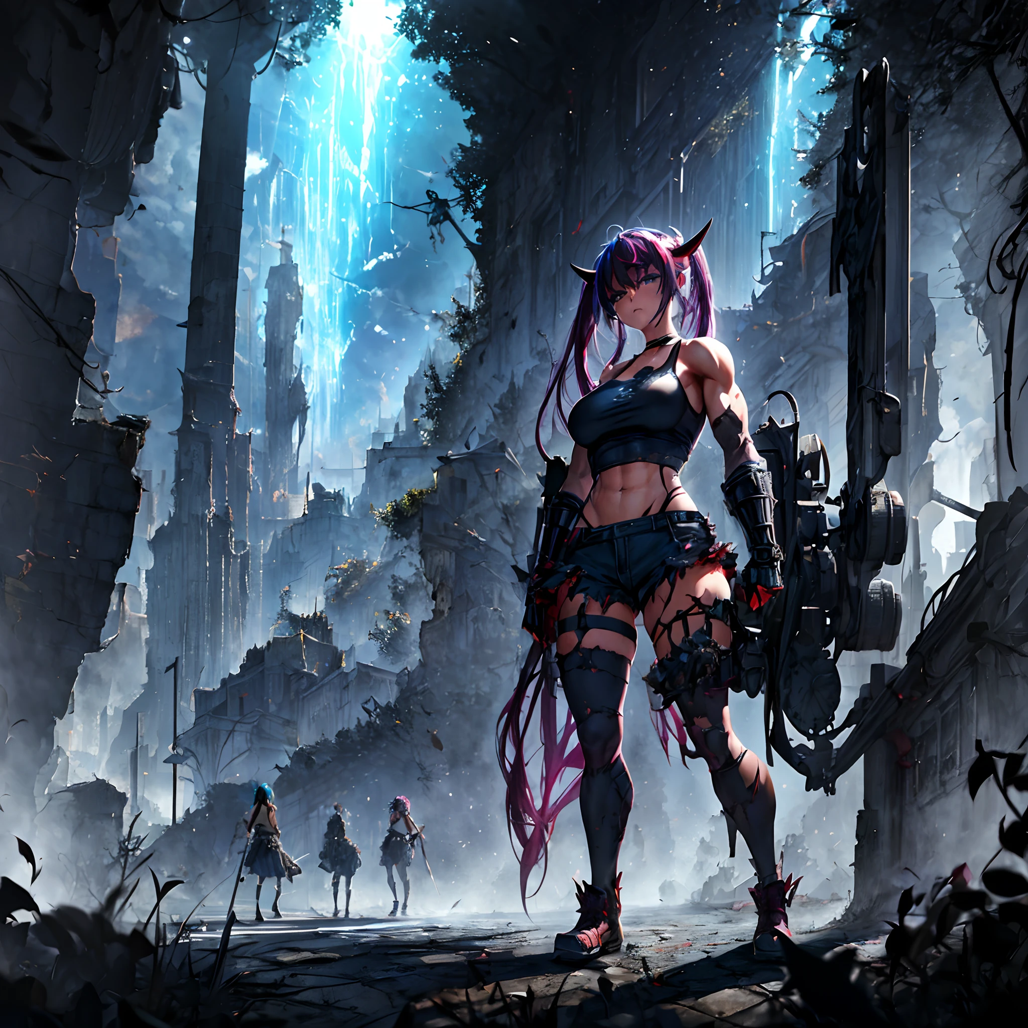 1 girl, solo, Irys, aberrant colours, flamy blue hair, very long hair, heterochromic eyes, large breasts, muscular physique, grey tank-top, black  elbow gloves, tattered and torn black short trousers, black leg fishnets, equipping brass knuckles, otherworldly field in background, night, dim_lighting, devastated surroundings