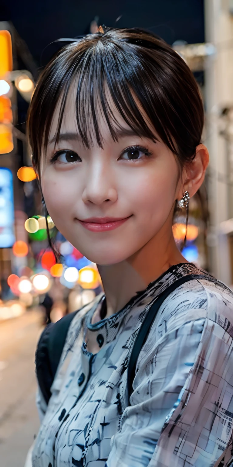 1girl, Tokyo street,night, cityscape,city lights,upper body,close-up,smile,, (8k, RAW photo, best quality, masterpiece:1.2),(realistic, photo-realistic:1.37),