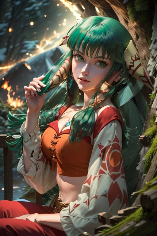 Meisterwerk, best quality, hight resolution, absurdres, Ultra-detailliert: 1.3), 1girls, (AS-JUNG:0.8), (schlank, shinny skin, green hair, green eyes, hair tubes, tief gebundenes langes Haar, Crop-Oberteil, Zwerchfell, Schmuck, rote Oberschenkelhohe, brauner Rock), (sitzend, Holzscheite, Lagerfeuer, Nacht, Wald, Zelt)