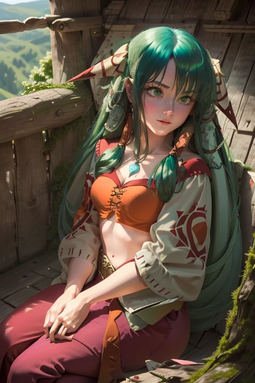 Meisterwerk, best quality, hight resolution, absurdres, Ultra-detailliert: 1.3), 1girls, (AS-JUNG:0.8), (schlank, shinny skin, green hair, green eyes, hair tubes, tief gebundenes langes Haar, Crop-Oberteil, Zwerchfell, Schmuck, rote Oberschenkelhohe, brauner Rock), (sitzend, Holzscheite, Lagerfeuer, Nacht, Wald, Zelt)
