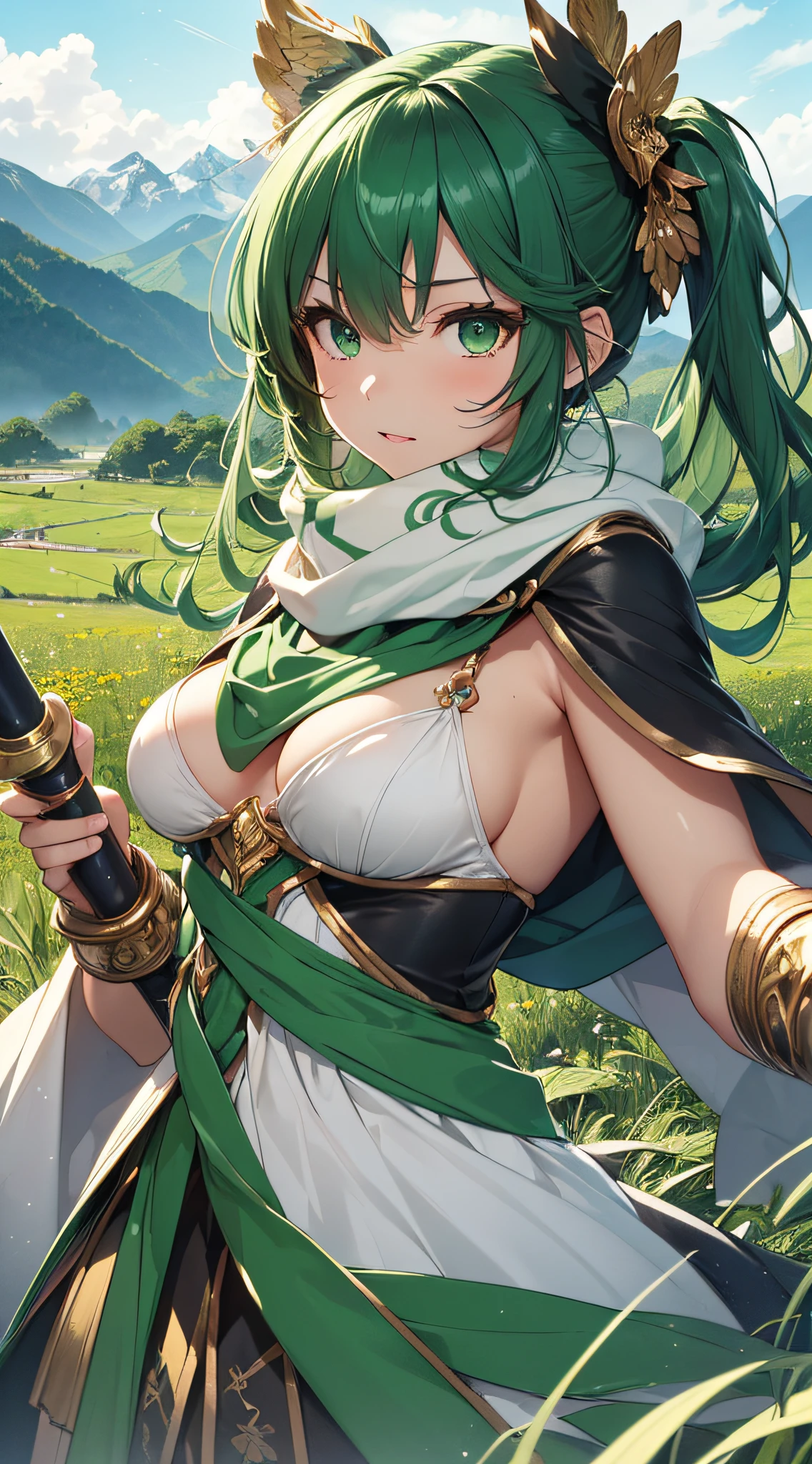 top-quality、Top image quality、​masterpiece、girl with((18year old、Best Bust、big bast,Beautiful green eyes、Breasts wide open, Green Twin Tail、a little muscular、Large valleys、Reflecting the whole body、Green Scarf、White robed clothes、Holding a rapier with both hands、Green Wind Aura)）hiquality、Beautiful Art、Background with((mountain path、Large grasslands,)))、,masutepiece、visualart、depth of fields、