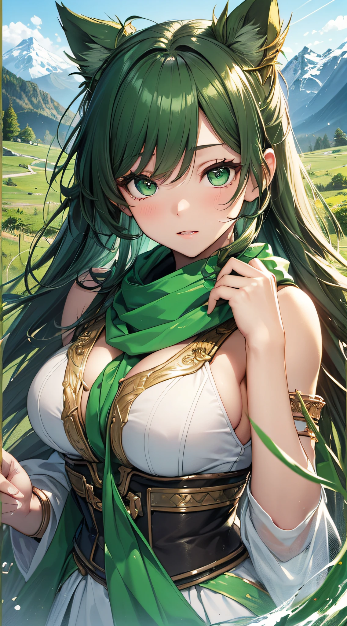 top-quality、Top image quality、​masterpiece、girl with((18year old、Best Bust、big bast,Beautiful green eyes、Breasts wide open, Green Twin Tail、a little muscular、Large valleys、Reflecting the whole body、Green Scarf、White robed clothes、Holding a rapier with both hands、Green Wind Aura)）hiquality、Beautiful Art、Background with((mountain path、Large grasslands,)))、,masutepiece、visualart、depth of fields、