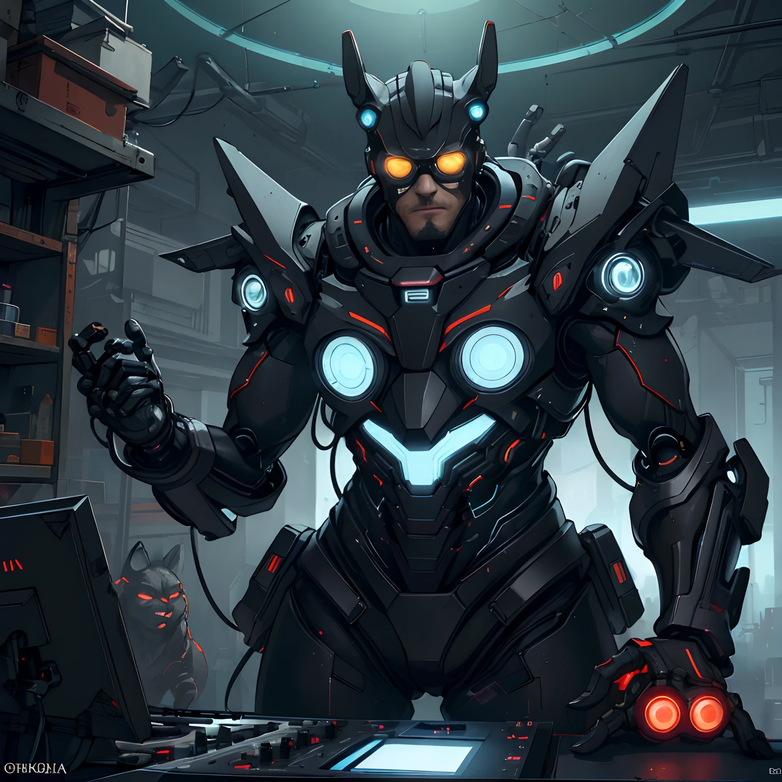 DJ, peituda, cabelos longos, cabelos pretos, olhos azuis, cyber glasses, anatomical face, pale skin, orelhas de gato. Cybernetic Cat Ears, roupas cyberpunk
4k, hyper realistic, ultra detalhado, HDR, Sharp, dynamic  lighting, DJ pult em primeiro plano, Clube na retaguarda, luz neon no fundo, Atmosfera Neon, abstract black oil, mecha de engrenagem, detailed acrylic, Grunge, complexidade intrincada, renderizado no Unreal Engine, fotorrealista