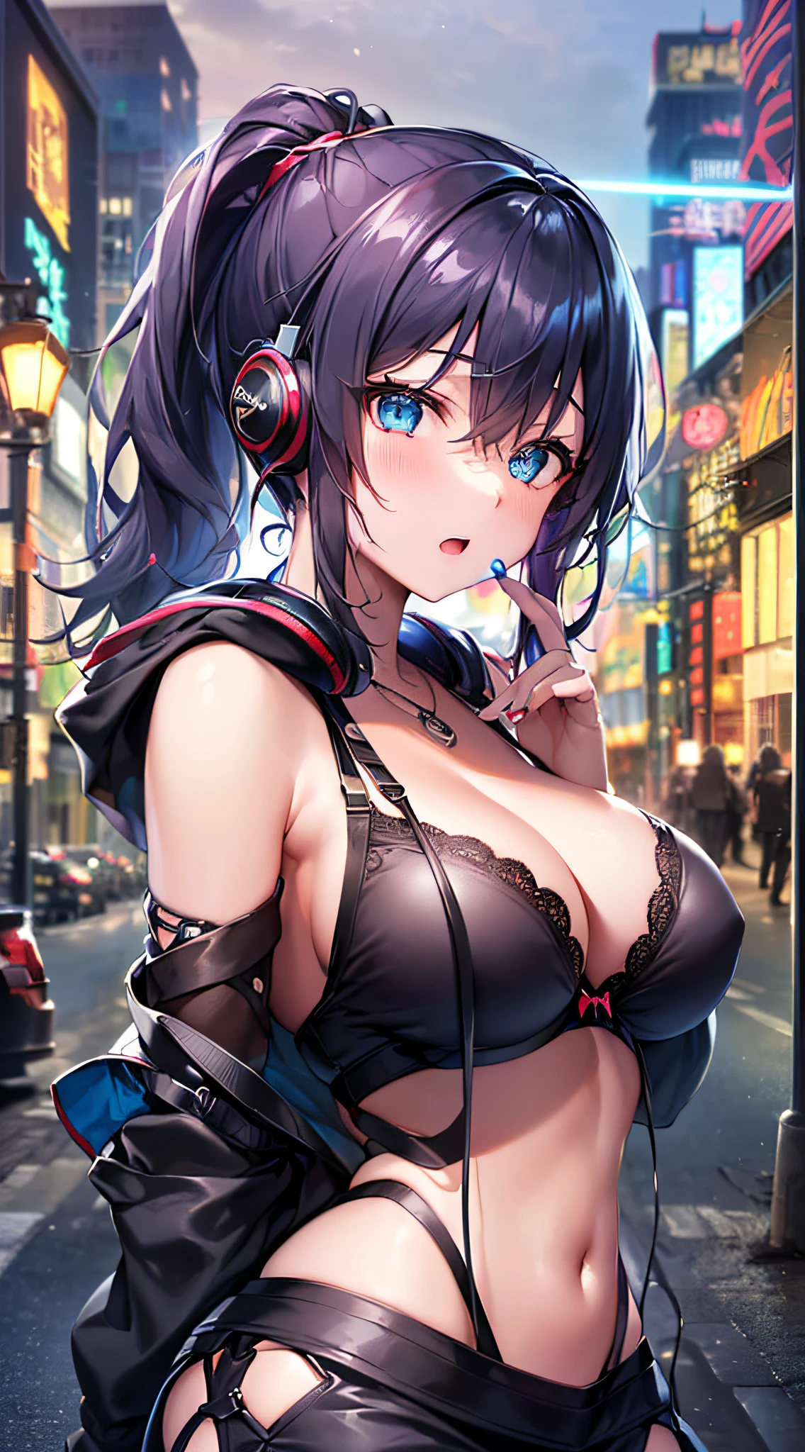 top-quality、Top image quality、​masterpiece、girl with((18year old、Best Bust、big bast,Beautiful blue eyes、Breasts wide open, Blue ponytail、A slender、Large valleys、Reflecting the whole body、Red face、Shining eyes、Headphones on the head,Black hoodie、Black short skirt、head phone、Have a smartphone、Fly the drone、Black bra)）hiquality、Beautiful Art、Background with((A city that shines at night、Downtown、Giant monitor、Multiple Laser Points、People who go々)))、,masutepiece、visualart、depth of fields、