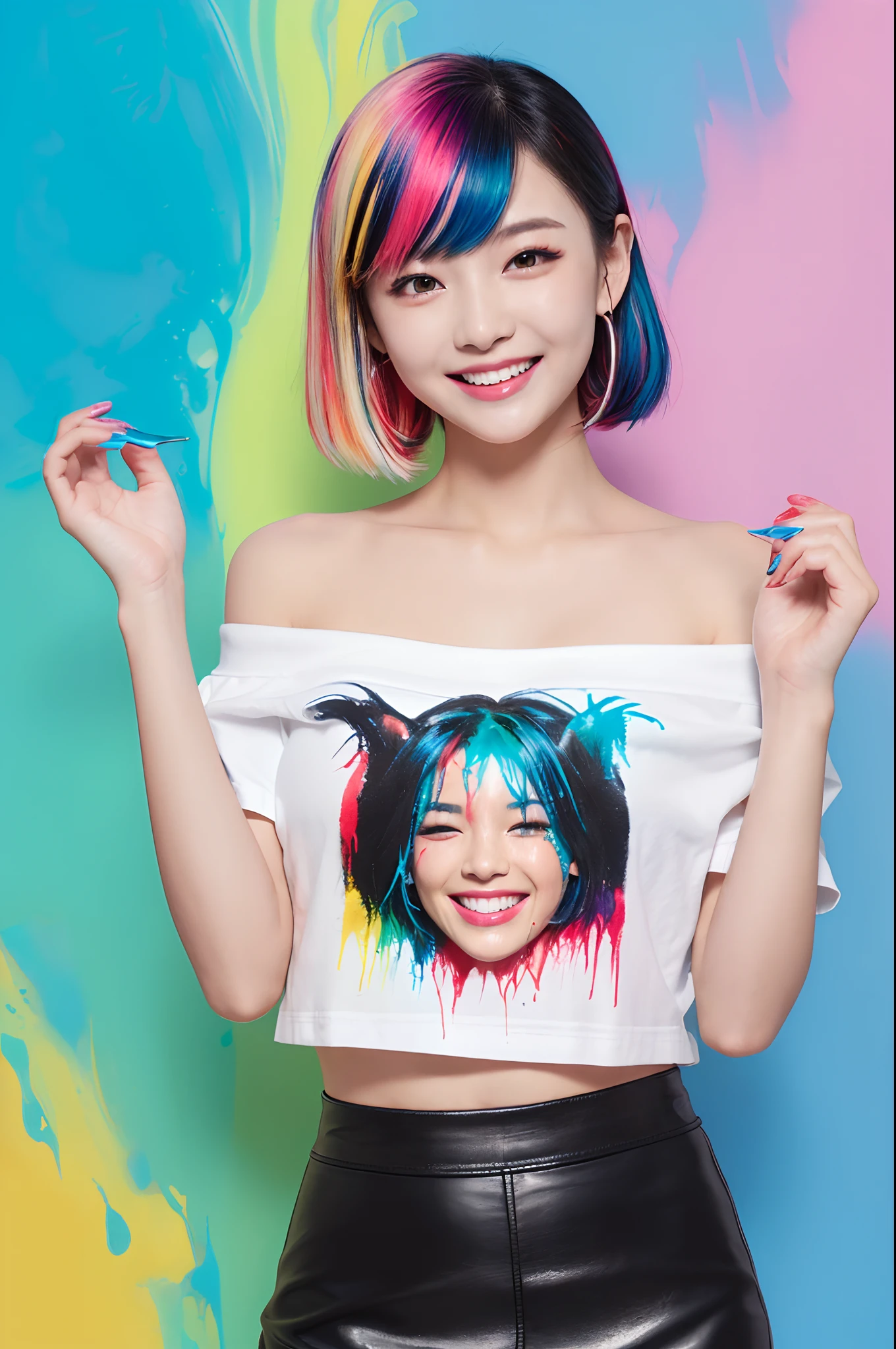(solid background with vivid colored acrylic paint splashes:1.3), 1girl, (hair dyed with multiple colors:1.4), (ponytail hair), (small fresh, wipe chest), (white off-shoulder fashion T-shirt, leather mini skirt), (), (Highest Image Quality, Masterpiece), (lovely smile, excited), (sometimes hold a cat in her arms:0.6), dynamic pose