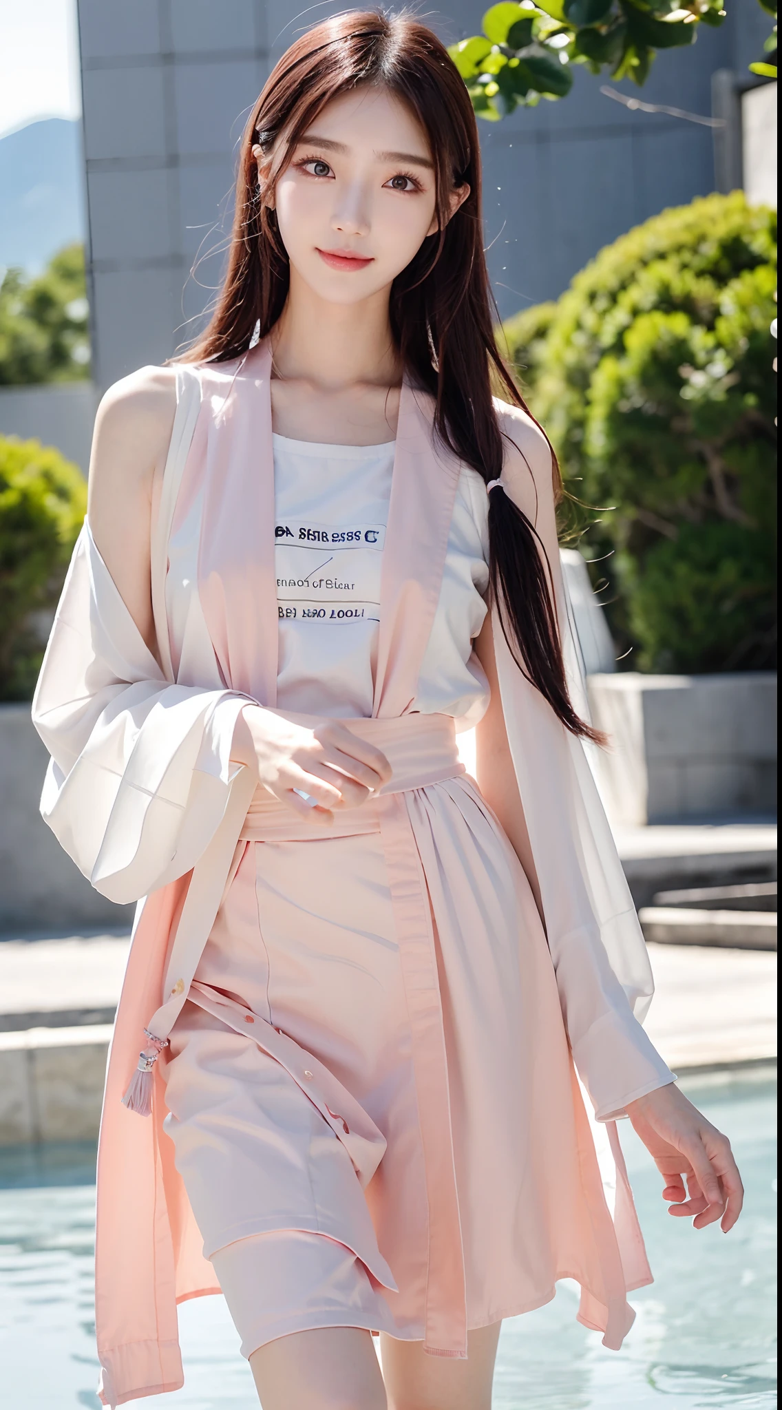 swimmingpool、Photorealsitic、Hanfu，shift dresses、Long pink hair、Korean beauty、Uncomfortable hand shape、k-pop、AKB48、1 girl in、独奏、a skirt、tmasterpiece、top-quality、hentail realism、Hyper-detailing、(Glossy glossy skin:1.4)、Hefty Smile、Smiling eyes、Smiling lips、absurderes、Looking at the camera、Long pink hair、red eyes、Red eyes、Slender beauties、动态照明、A high resolution、foco nítido、depth of fields、A detailed eye、Sharp eyes、Realistic eyes、(thick thight:1.0)、Beautuful Women:1.4、Slender abs:1.2、((Short hair, Short hair))、((K Pop:1.3))、Highly detailed facial and skin texture、((魅惑的))、Anatomically correct number of fingers、Beautiful pink nails、Correct anatomy、