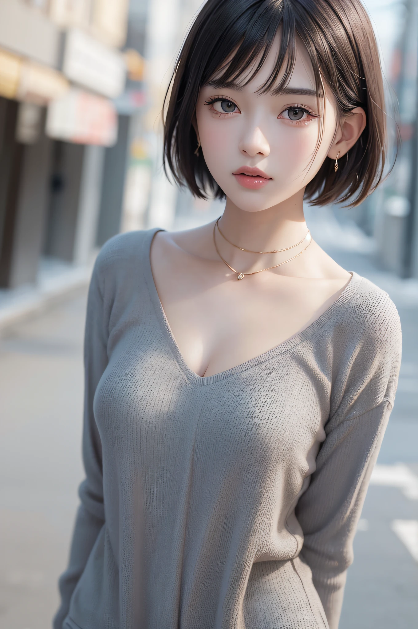 (8k, RAW photos, top quality, masterpiece: 1.2), ultra detailed, super resolution, (real, real photos: 1.37), portraits, high definition RAW color photos, professional photos, very detailed and beautiful, highly detailed, 8k wallpapers, amazing details, huge file size, official art, highly detailed CG Unity 8k wallpapers, highly detailed beautiful girls, highly detailed faces, Highly Detailed Eyes, Highly Detailed Skin, Highly Detailed Fingers, Very Detailed Nose, Highly Detailed Detailed Mouth, Perfect Anatomy, Detailed Background, Detailed Clothes, One Girl, (20:1.2), 20s, Cute Girl, Realistic Body, Petite, White Skin, Radiant Skin, Slim Body, Black Hair, Short Hair, (Blunt Bangs: 1.2), Cute, Youthful, Pretty Face, Realistic Face, Delicate Eyes, Sale Eyes, ( (Fashionable winter clothes)), ((Up)), ((((Short hair)))), Earrings, Looking at the camera, Cowboy shot, Facing Front, Standing Posture, Contrapposto, Dynamic Lighting, C Cup Breasts,
