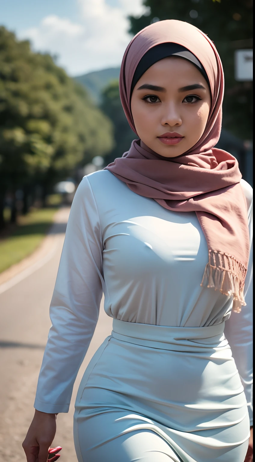 RAW, Best quality, high resolution, masterpiece: 1.3), Beautiful Malay woman in hijab (iu:0.8), wearing white baju kurung, jacket, walking on a rural street in the morning, big saggy breasts, slim waist, wide hips, thighs thick, photo taken using Panavision DXL2, 28mm lens, close up shot, bright pastel shades, bokeh, cinemascope, drama, high quality, very detailed, 8k resolution,
