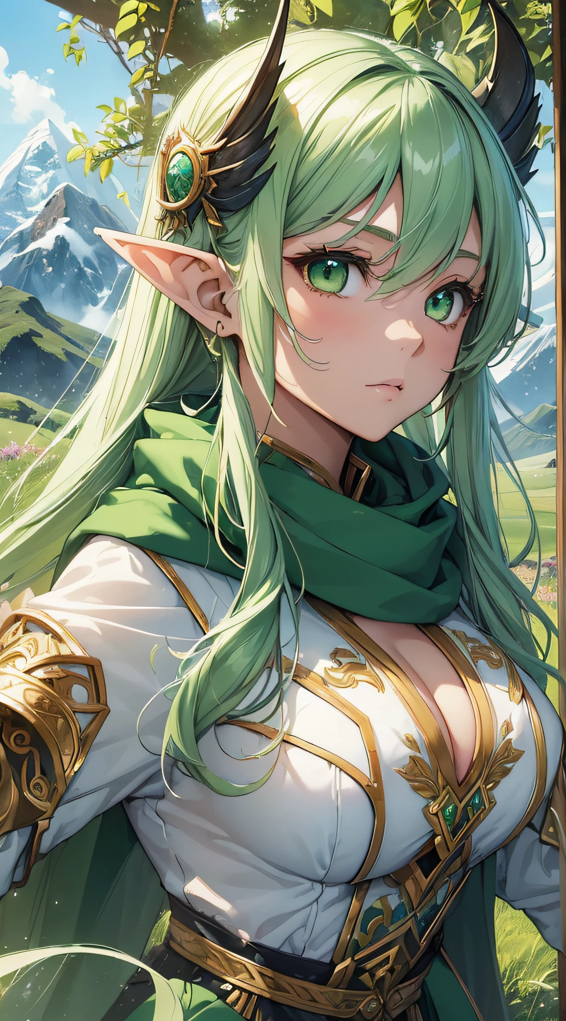 top-quality、Top image quality、​masterpiece、Elven Girls((18year old、Best Bust、big bast,Beautiful green eyes、Breasts wide open, Green Twin Tail、a little muscular、Large valleys、Reflecting the whole body、Green Scarf、White robed clothes、Hold the rapier with both hands、Green Wind Aura)）hiquality、Beautiful Art、Background with((mountain path、Large grasslands,)))、,masutepiece、visualart、depth of fields、