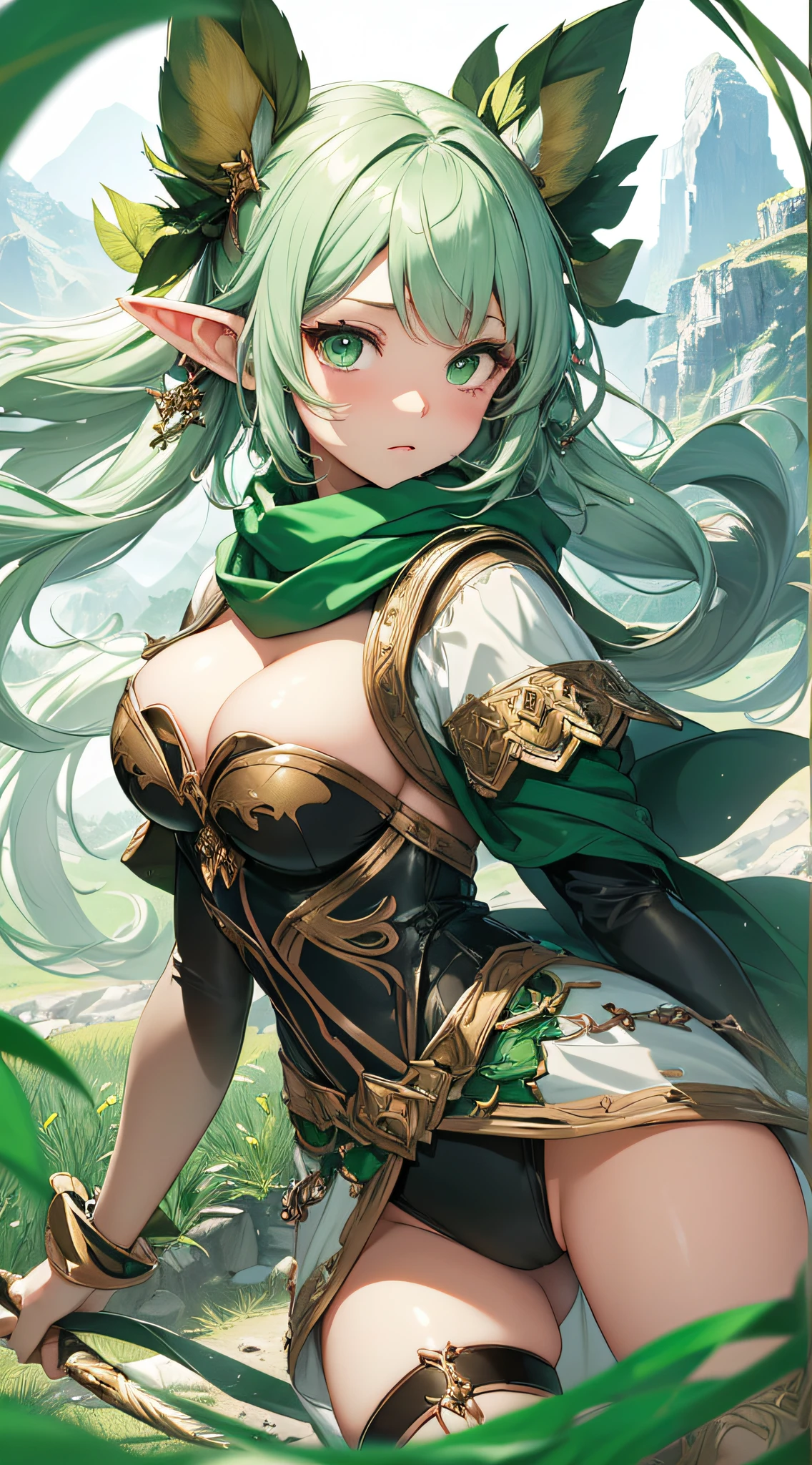 top-quality、Top image quality、masterpiece、Elven Girls((18year old、Best Bust、big bast,Beautiful green eyes、Breasts wide open, Green Twin Tail、a little muscular、Large valleys、Reflecting the whole body、Green Scarf、White robed clothes、Hold the rapier with both hands、Green Wind Aura))hiquality、Beautiful Art、Background with((mountain path、Large grasslands,)))、,masutepiece、visualart、depth of fields、