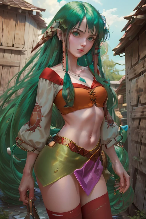 (masterpiece, best quality, highres, absurdres, ultra-detailed: 1.3), 1girl, (AS-Young:0.8), (slim, shiny skin, green hair, green eyes, hair tubes, low-tied long hair, crop top, midriff, jewelry, red thighhighs, brown skirt, cowboy shot), (medieval market, cobblestone)