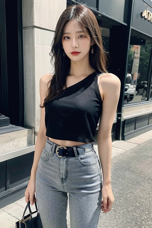 Slim hip skinny jeans and calf pants,greys,Metal belt,Slotted shoulder strap vest shirt