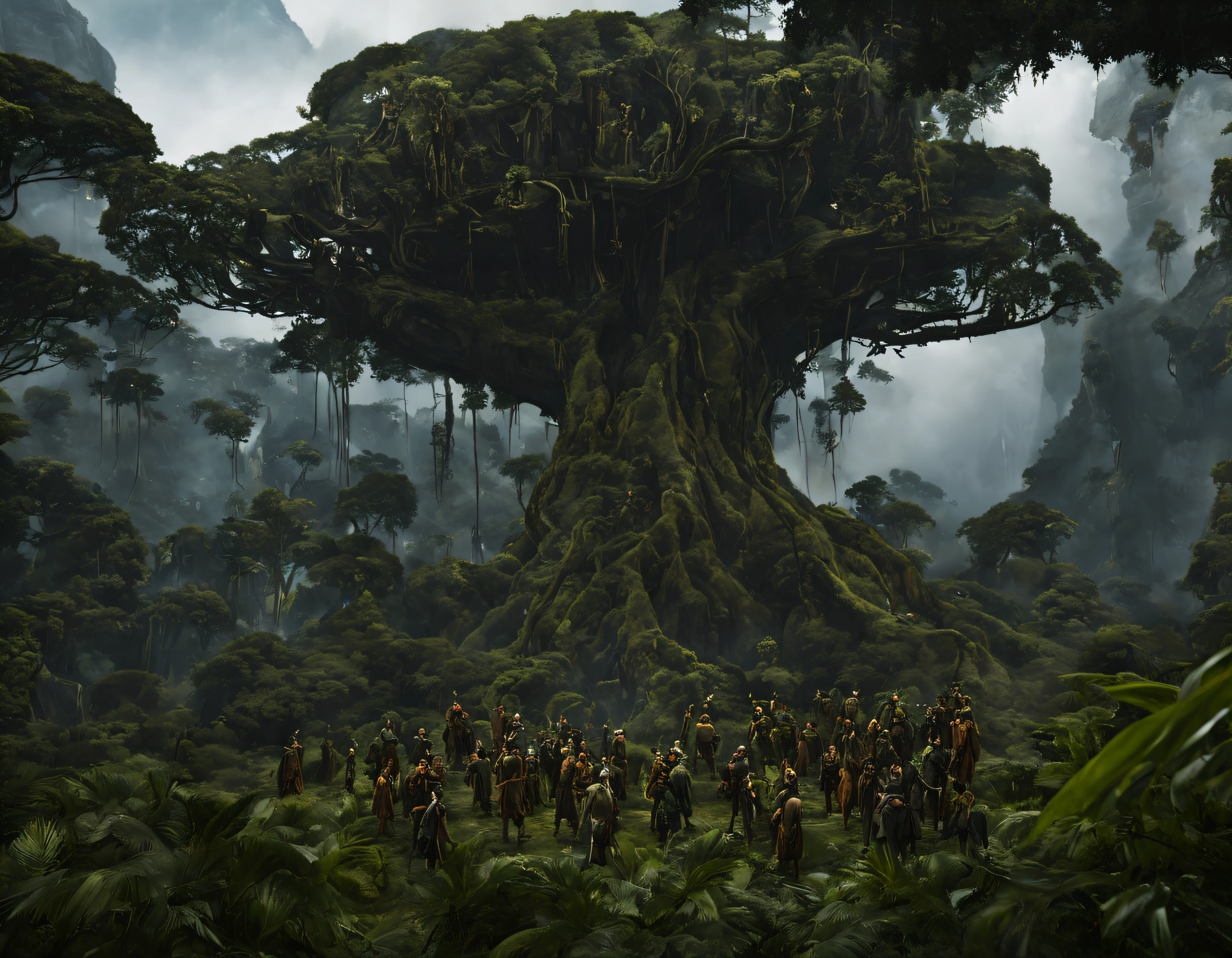 (basado en la pelicula avatar), Scene where Naytiri the Female Na ́vi, se encuentra en el poblado con su tribu en la hoquedad del gran arbol,, (detalles intrincados de la maquina de alta calidad), estilo cinematografico, nitidez absoluta, imagen 8k.(obra maestra).