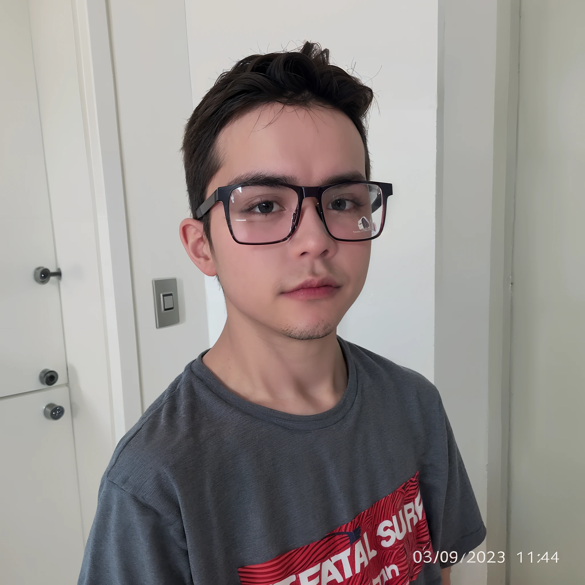 There's a boy in glasses and a gray shirt, imagem frontal, mateus 9 5, caio santos, Alex, Foto realista, imagem de qualidade muito baixa, Directed by: Nandor Soldier, icaro carvalho, Retrato A 1 5 - ano - menino de idade, Emad Mostaque, 1 6 anos, with glasses on