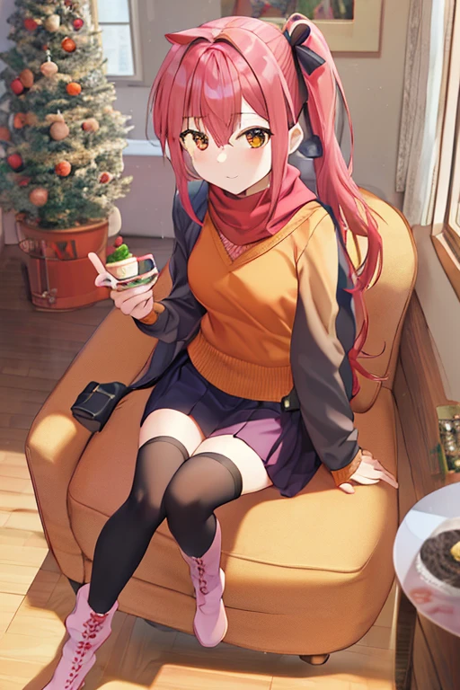 Full body girl with pink colored hair, side ponytail, long hair, orange eyes, wearing winter clothes, skirt, a hair ribbon, glasses, an orange scarf, black thighhighs and boots, sitting on a chair in front of a table with a cake on top