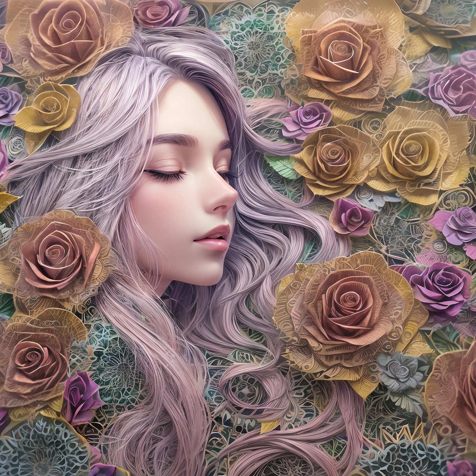 (beauty side face,long colored hair,Close eyes,Masterpiece roses),Iridescent background, (Illustration,paper art, Zentangle, 3d rendered),(Best Quality, Detailed details, masutepiece, offcial art, Movie Light Effects, 4K, Chiaroscuro)