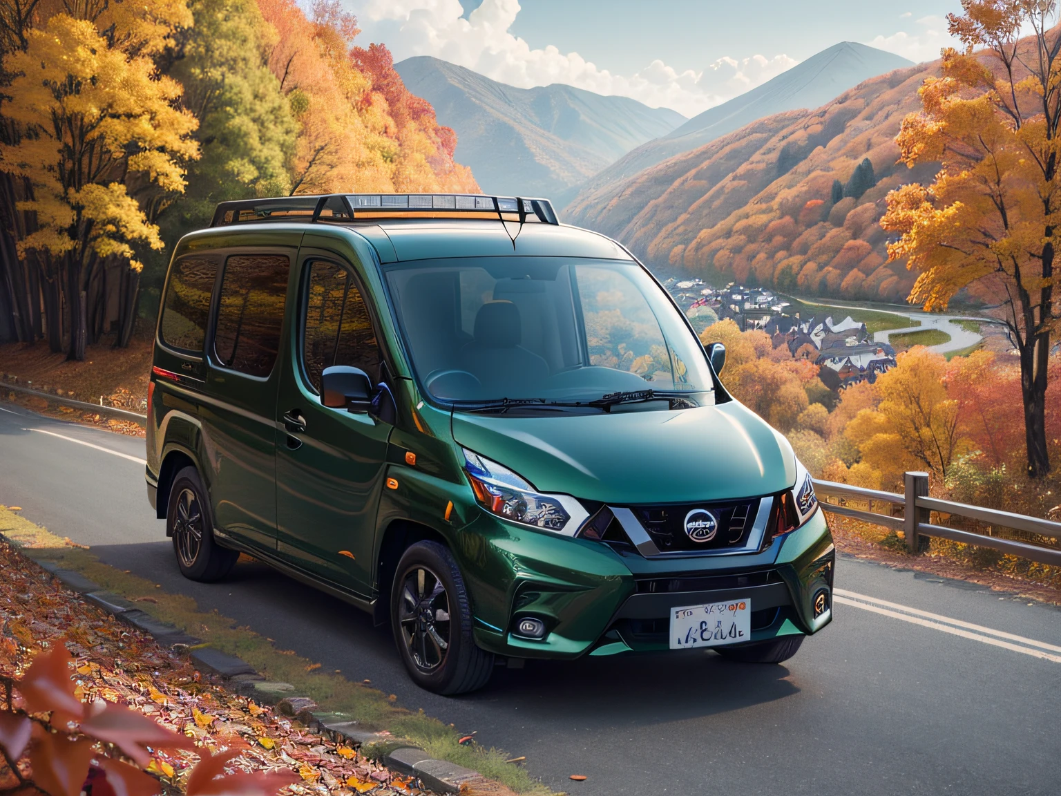超A high resolution、An ultra-high picture quality、8K、Detailed details、marvelous expression、Late autumn valley、Beautiful autumn leaves、A dark green passenger car that runs gracefully on a mountain pass built along the mountain、((Nissan March 12R))