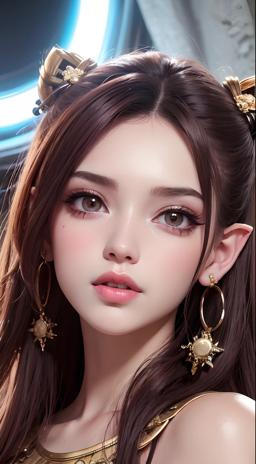 Elfgirl Hermosa chica con cabello rojo ondulado con brillo, burbujas de cabello, estremecimiento, long eyeslashes, Blue solid circle eyes, Maquillaje de sombras, labios rojos, Orejas de animales falsas, Earrings and cord, sonrisa ligera, senos grandes, escote, ear blush, Colmillos, with silver-brown gold, surrealismo, Sombra proyectada, Anaglifo, Estereograma, Tachi-E, Pov, atmosphric perspective, 8k, Super detail, preciso, Mejor calidad, fondo defoliado