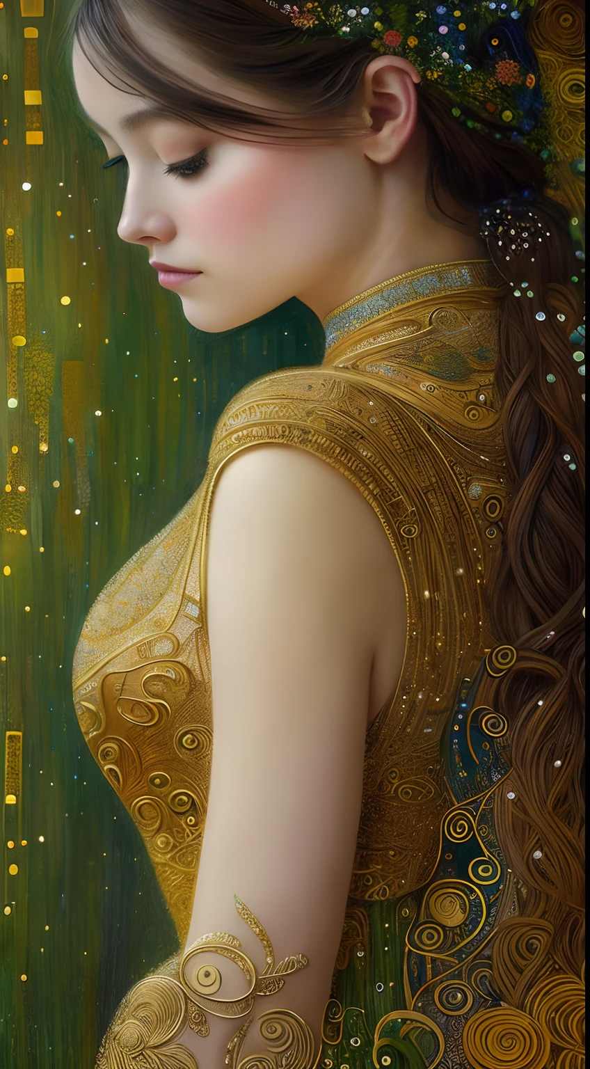 high quality, highly detailed, Envision a hyper-realistic portrait inspired by the enchanting style of Gustav Klimt, set in a magical twilight forest. The captivating stunning woman, adorned in flowing robes reminiscent of Klimt's golden period, stands amidst ethereal flora under the soft glow of the moon, Drawing from Klimt's intricate patterns and symbolism, the artist meticulously captures the beautiful woman's features, emphasizing the mesmerizing details of her expression, The strands of her hair cascade gracefully, echoing Klimt's ornate and decorative compositions, by yukisakura, high detailed,