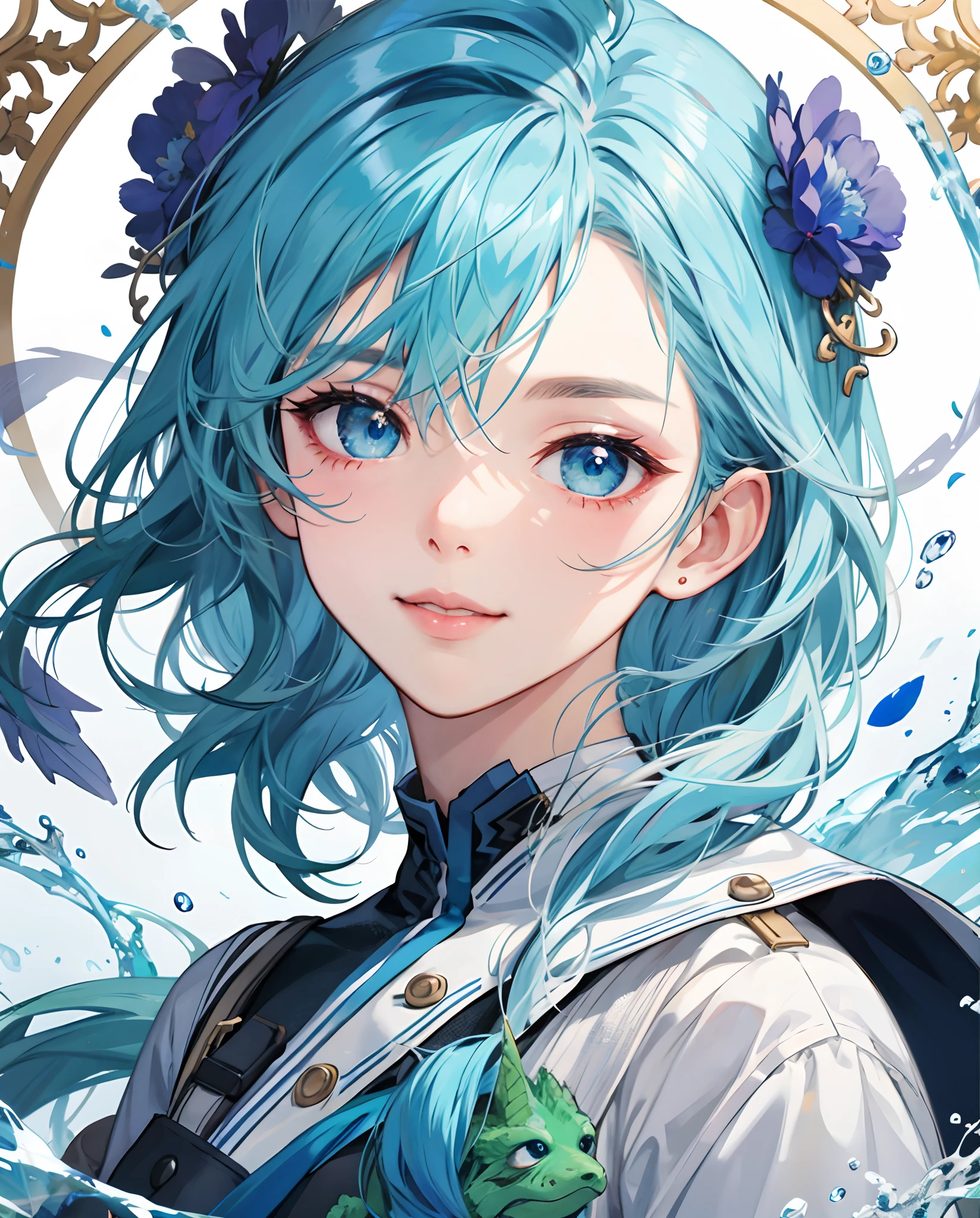 ​masterpiece、top-quality、超A high resolution、2D Beautiful Girl、animesque、teens girl、Blue hair、short-haired、Looks like a water dragon、Beautiful blue eyes、The clothes are also depicted in detail、Eyes are depicted in detail、The face is depicted in detail、sorcerer、soio、Gentle smile、hair adornments、animesque、illustratio