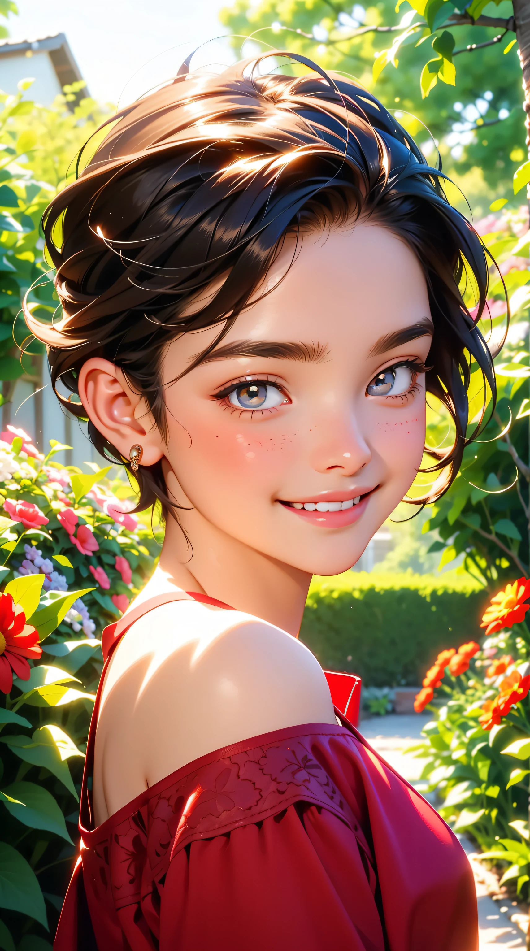 (a girl) 10 year old,(portrait),(detailed eyes,detailed lips,eyelashes),(red dress,happy smile),(beautiful garden background),(oil painting),(best quality),vivid colors,warm lighting