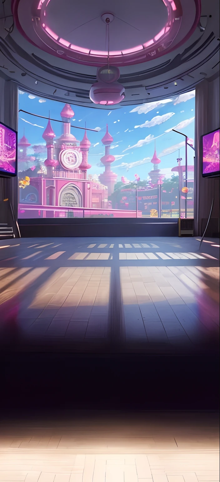 There was a big room，There is a checkered floor and a clock, ballroom background, Anime background art, mall background, arena background, colorful anime movie background, dance hall background, anime backgrounds, anime movie backgrounds, volley court background, highschool background, town center background, anime background key visual, interior background art, gymnasium background, Anime landscape concept art, random background scene,  There is a pink Ferris wheel and a pink castle outside the window