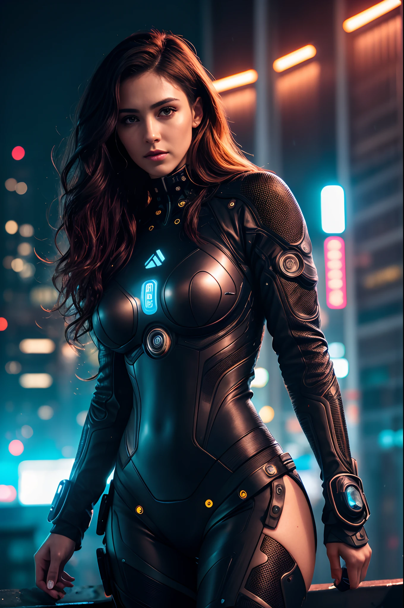 Angela is a beautiful 30 year old woman, wavy hair, detailed eyes, detailed face, high detail skin, strong compact body, (medium cup size), wearing high detail plunging cyberpunk dress, futuristic cyberpunk city background, misty, wet, raining, best quality masterpiece, realistic photo, intricately detailed, 8k, HDR, shallow depth of field, wide light, high contrast, backlight, light flares, chromatic aberration, sharp focus, RAW color photo, looking at the camera, various poses