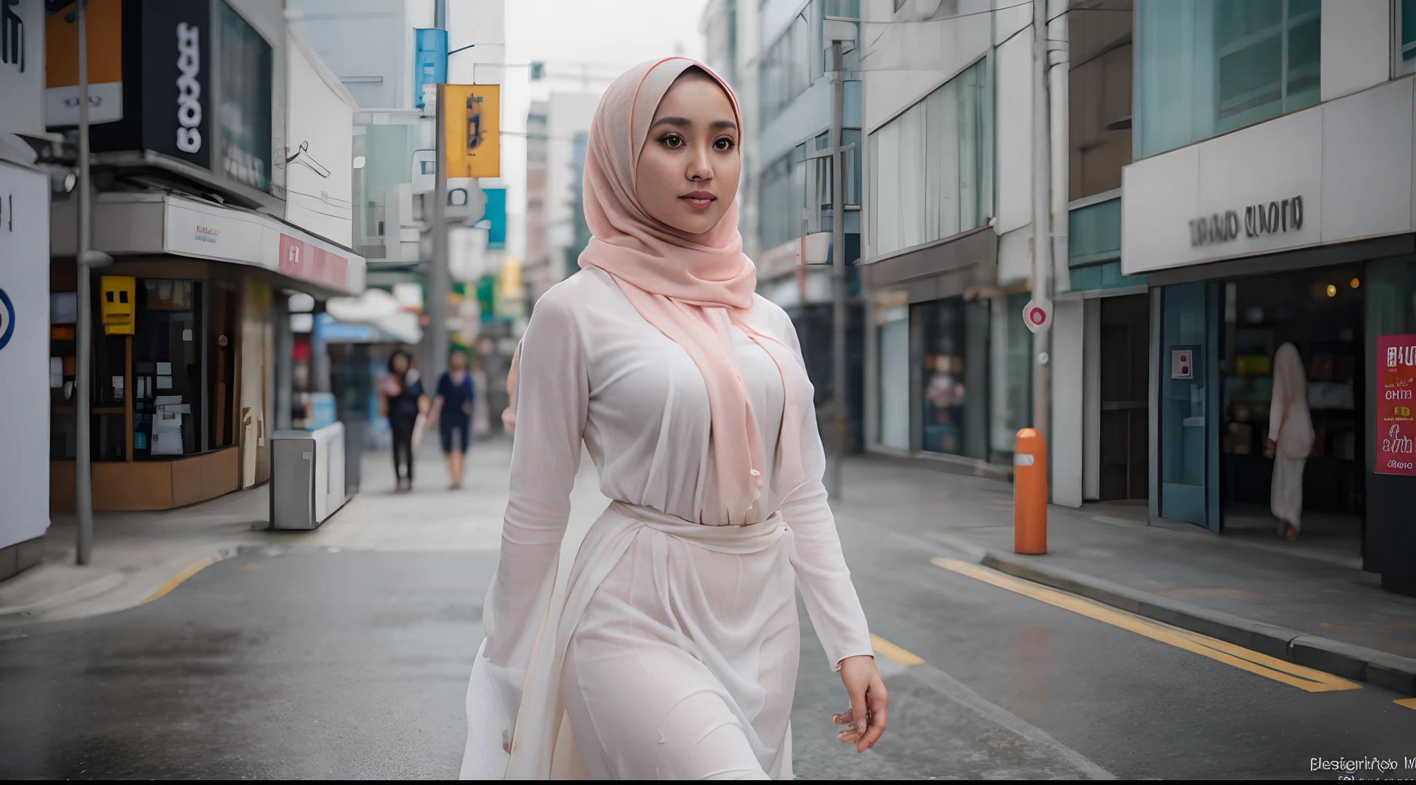 Photorealistic of Malay girl in hijab wearing white baju kurung walking in a japan city street in the morning, catwalk, sweating, wet body, very big sagging breast, very saggy breast, slim waist, wide hips, big round ass, thick thighs, thick leg, short girl, photo taken using Panavision DXL2, 28mm lens, close up shot, bright pastel color grading, bokeh, cinemascope, drama, high quality, ultra detailed, 8k resolution,