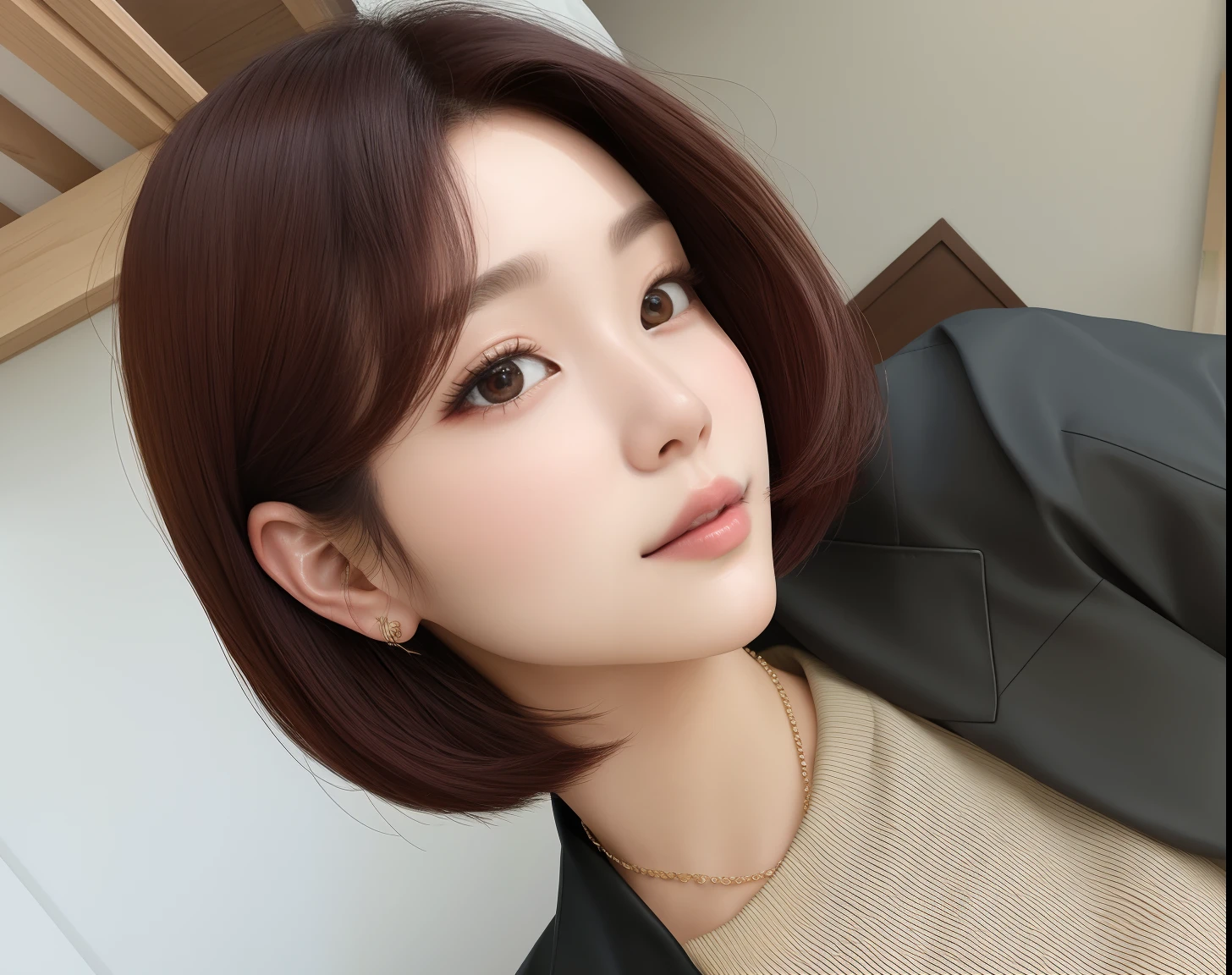 um close up de uma mulher com um corte de cabelo curto usando uma jaqueta, com cabelos curtos, cabelos na altura do queixo, Lee Ji - Eun, branco hime corte penteado, Lee Ji-eun, Heonhwa Choe, Dom Yunjoo, Parque Ji-min, Yoshitomo Nara, Sakimichan, Jaeyeon Nam