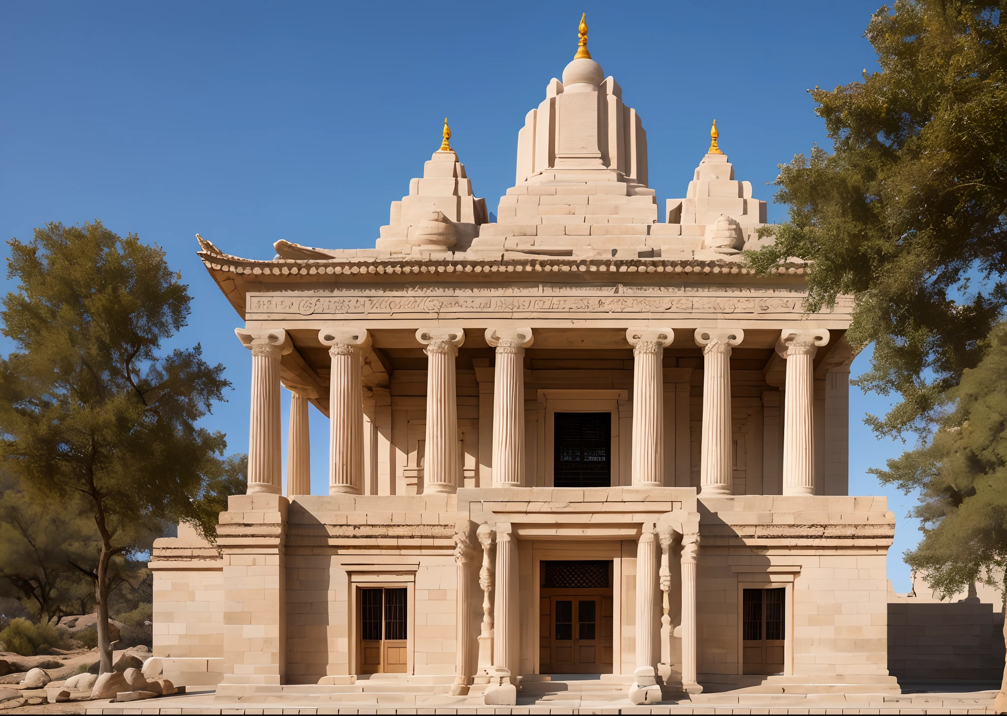 White sandstone temple with golden accents of the exterior