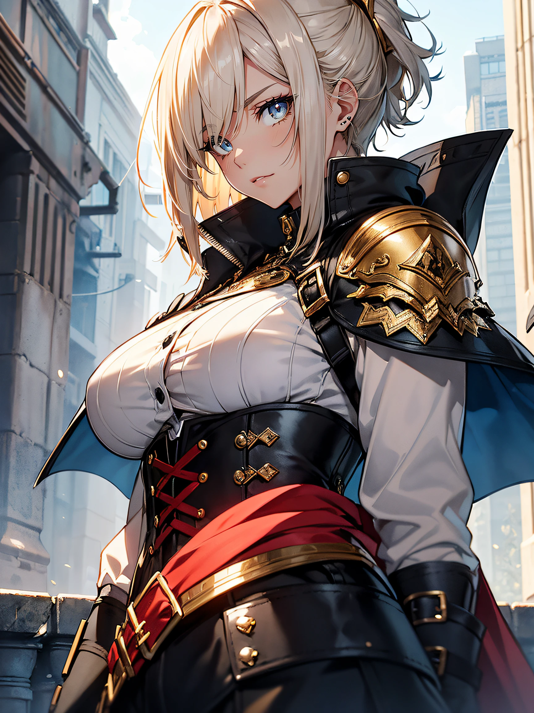 hiquality, hight resolution, ultra-detailliert, high-level image quality, hightquality, anime illustrated, (finely detailed beautiful eye: 1.2), Detailed eye depiction, (finely detailed eyes and detailed face:1.3), (extremely details CG, Best Shadow:1.1), Depth of field and blur, (Perfect Detail: 1.1) , digitial illustration, Enamel Art, Center, Watercolor painting, art stations, concept-art, character sheets, Lightning Wave, beautiful anime watercolors, Vibrant colors, Sharp Focus, art by:hyung tae kim, Fine detail, intricate detailes, highleg, Colossal tits, gargantuan butt、Curvaceous body, Detailed eye depiction, Vibrant colors, Sharp Focus, realistic skin textures、Whip body,Short cut hairstyle, (blonde) hair color, (black) eyeshadow, (nude) lip color, (red) and (black) checkered corset, (black) leather pants, (black) boots, Accessories are (silver) sword, (gold) belt, (red) cape, Background is inside a (white) and (gold) luxurious castle, facing soldiers in (blue) and (silver) armor.