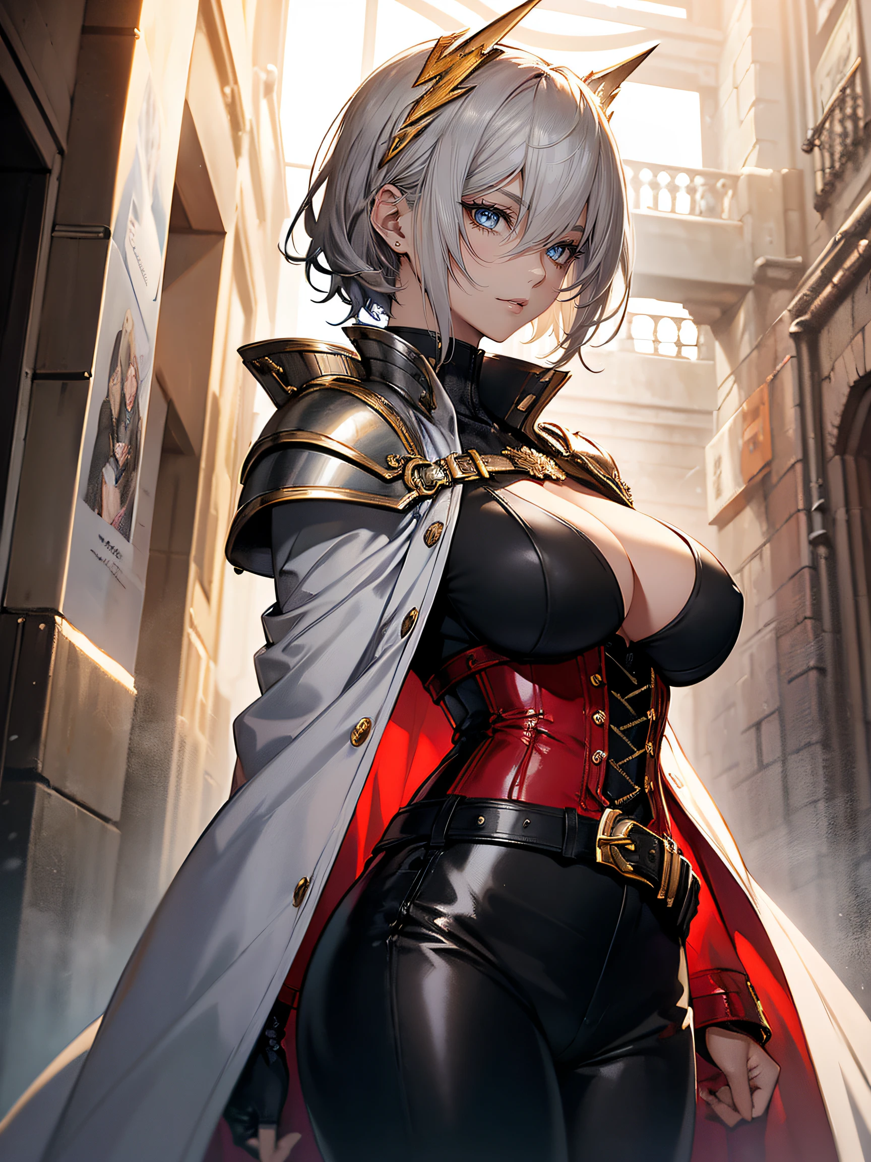 hiquality, hight resolution, ultra-detailliert, high-level image quality, hightquality, anime illustrated, (finely detailed beautiful eye: 1.2), Detailed eye depiction, (finely detailed  eyes and detailed face:1.3), (extremely details CG, Best Shadow:1.1), Depth of field and blur, (Perfect Detail: 1.1) , digitial illustration, Enamel Art, Center, Watercolor painting, art  stations, concept-art, character sheets, Lightning Wave, beautiful anime watercolors, Vibrant colors, Sharp Focus, art by:hyung tae kim, Fine detail, intricate detailes, highleg,  Colossal tits, gargantuan butt、Curvaceous body, Detailed eye depiction, Vibrant colors, Sharp Focus, realistic skin textures、Whip body,Short Cut Hairstyle, (Blonde) Hair color, (Black) eyeshadows, () Lip color, (Red) And (Black) Checkered corset, (Black) Leather pants, (Black) long boots, As for accessories (Silver) Sword, (gold) Belt bag, (Red) Cape, The background is (white) And (gold) Luxurious castle, Face the soldier in (Blue) And (Silver) armor.