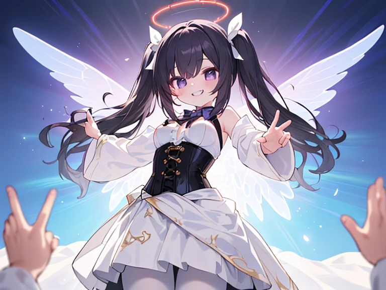 (solo, from below, pov, dynamic pose, white skirt, black hair, twintails, white skirt, white pantyhose, corset, halo, delicate face, little girl, medium breast, round eyes, wing on the waist, purple eyes, god ray, smile with grin, happy:1.2)