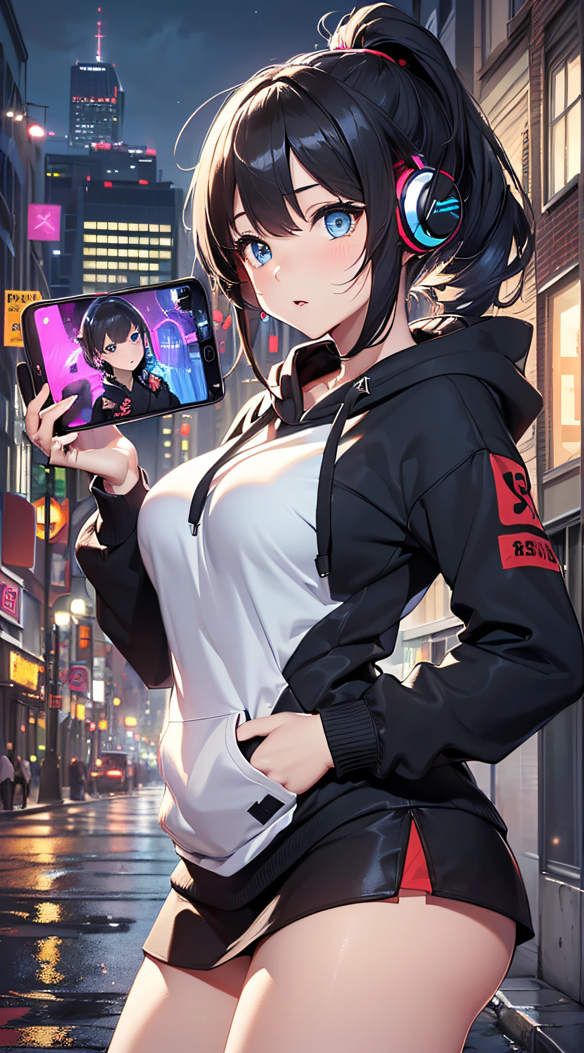 top-quality、Top image quality、masterpiece、girl with((18year old、Best Bust、big bast,Beautiful blue eyes、Breasts wide open, Blue ponytail、A slender、Large valleys、Reflecting the whole body、Red face、Shining eyes、Headphones on the head,Black hoodie、Black short skirt、head phone、Have a smartphone、Fly the drone))hiquality、Beautiful Art、Background with((A city that shines at night、Downtown、Giant monitor、Multiple Laser Points、omatsuri)))、,masutepiece、visualart、depth of fields、