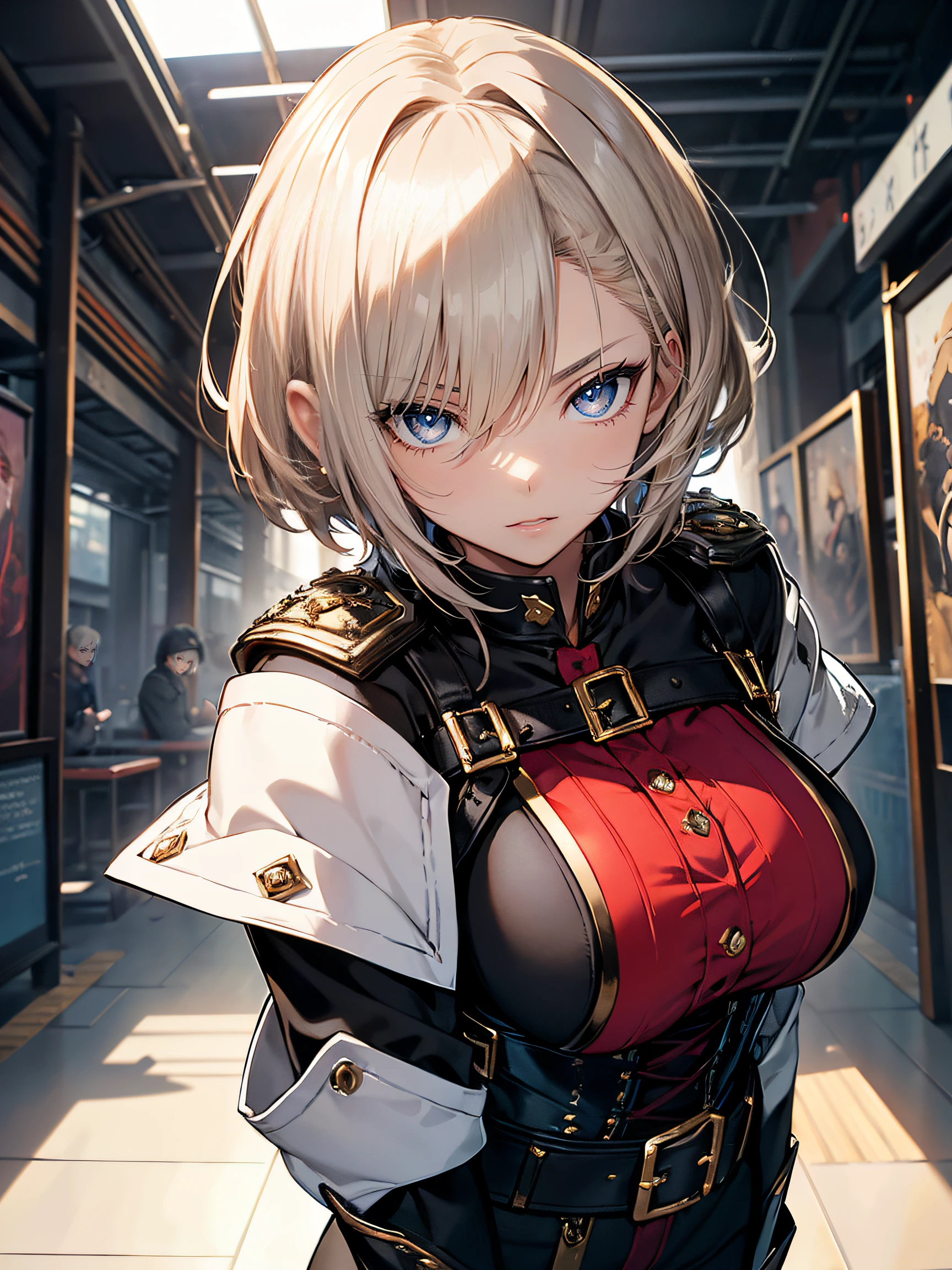 hiquality, hight resolution, ultra-detailliert, high-level image quality, hightquality, anime illustrated, (finely detailed beautiful eye: 1.2), Detailed eye depiction, (finely detailed eyes and detailed face:1.3), (extremely details CG, Best Shadow:1.1), Depth of field and blur, (Perfect Detail: 1.1) , digitial illustration, Enamel Art, Center, Watercolor painting, art stations, concept-art, character sheets, Lightning Wave, beautiful anime watercolors, Vibrant colors, Sharp Focus, art by:hyung tae kim, Fine detail, intricate detailes, highleg, Colossal tits, gargantuan butt、Curvaceous body, Detailed eye depiction, Vibrant colors, Sharp Focus, realistic skin textures、Whip body,Short Cut Hairstyle, (Blonde) Hair color, (Black) eyeshadows, () Lip color, (Red) And (Black) Checkered corset, (Black) Leather pants, (Black) long boots, As for accessories (Silver) Sword, (gold) Belt bag, (Red) Cape, The background is (white) And (gold) Luxurious castle, Face the soldier in (Blue) And (Silver) armor.