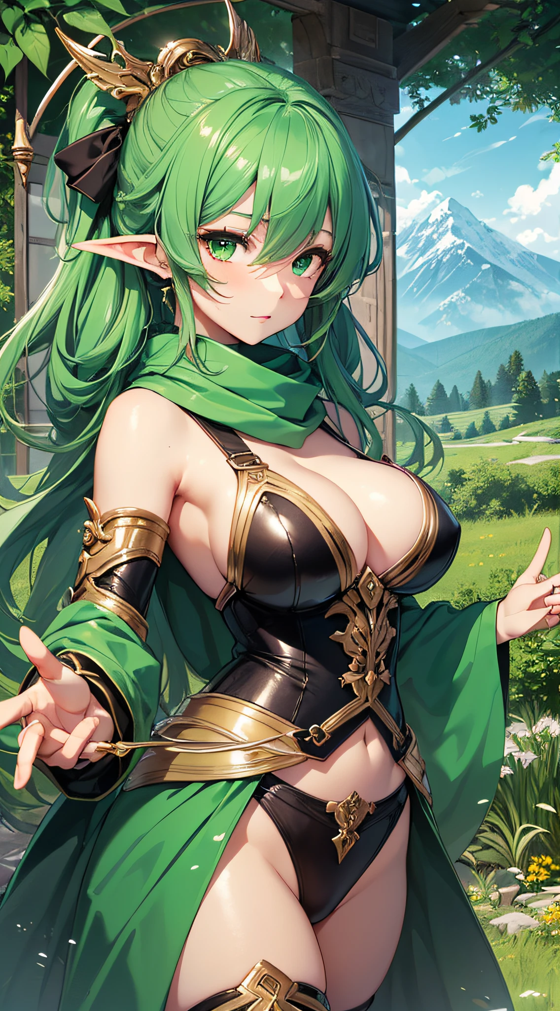 top-quality、Top image quality、​masterpiece、An elf girl((18year old、Best Bust、big bast,Beautiful green eyes、Breasts wide open, Green Twin Tail、a little muscular、Large valleys、Reflecting the whole body、Green Scarf、White robed clothes、Hold the rapier with both hands、Green Wind Aura)）hiquality、Beautiful Art、Background with((mountain path、Large grasslands,)))、,masutepiece、visualart、depth of fields、